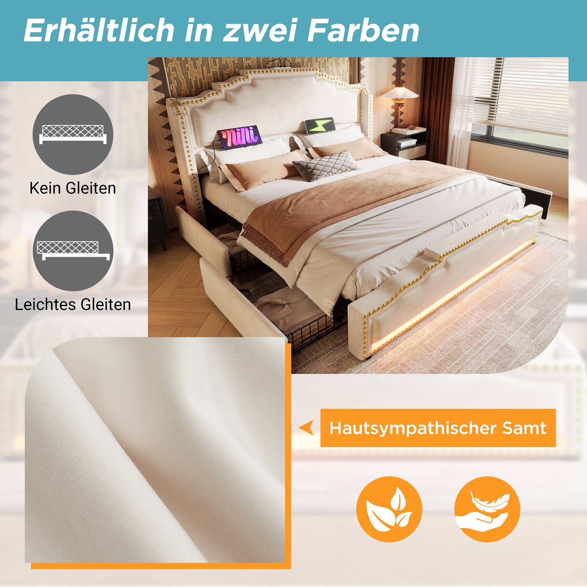 Polsterbett 140×200, Doppelbett mit 4 Schubladen, 