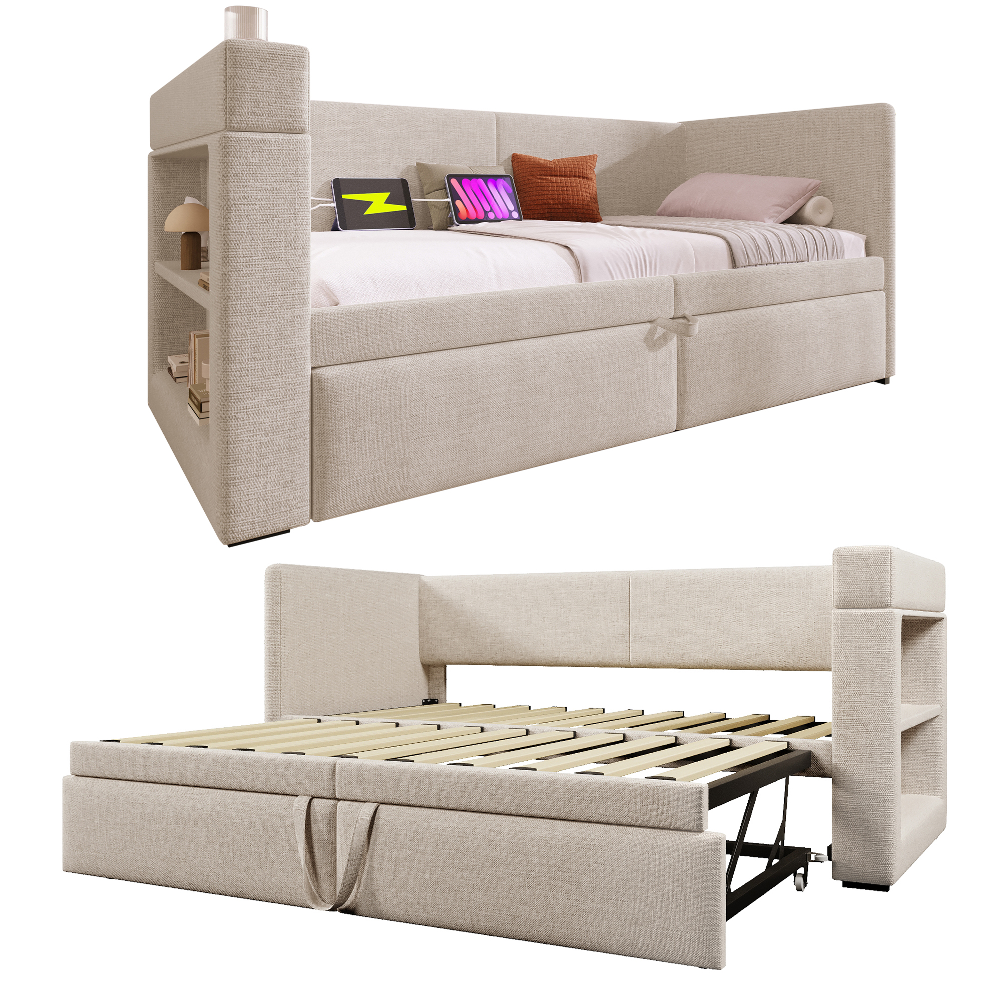 Canapé-lit escamotable, accoudoirs interchangeables, tissu lin-coton, roulettes et sangles, pour salon et chambre, utilisation flexible, confort toute saison, gain de place, design pratique moderne - image 8