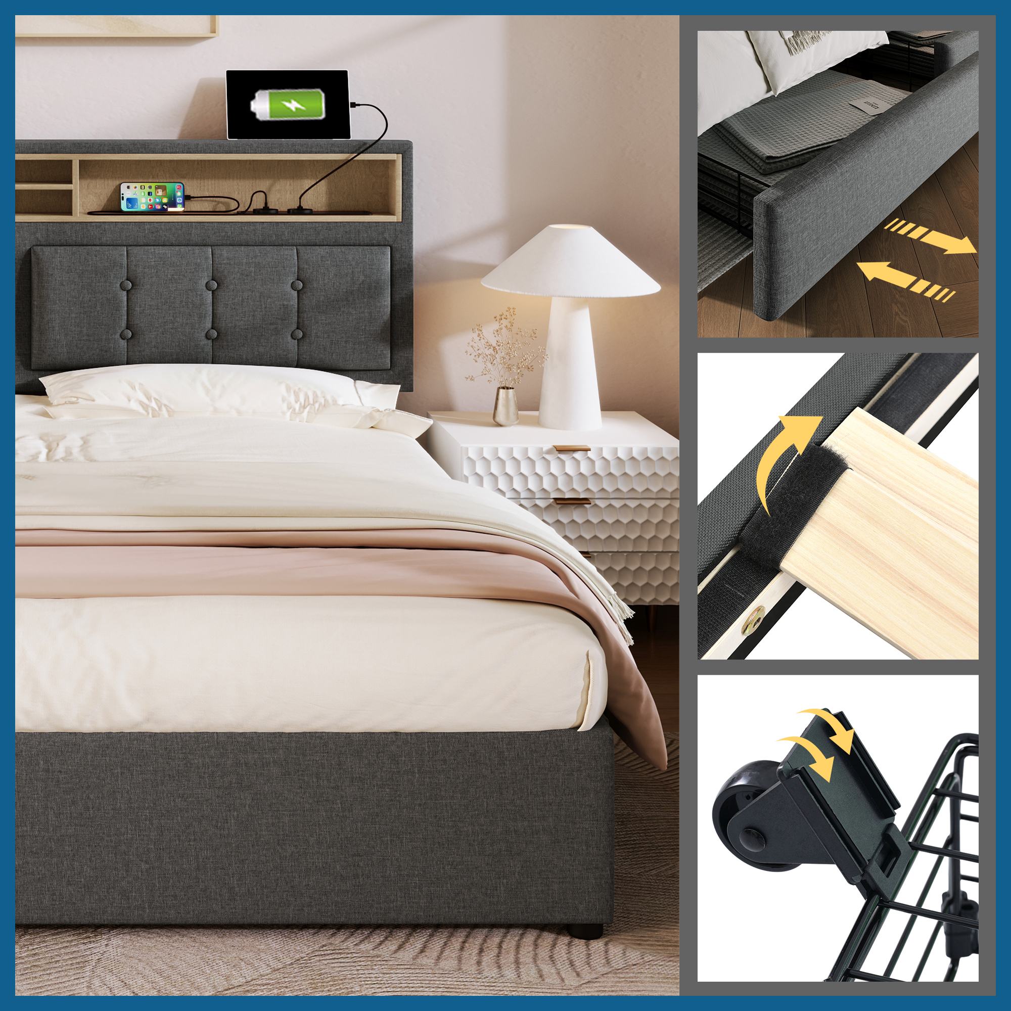 Doppelbett mit  4 Schubladen& USB C Steckdose, Pol