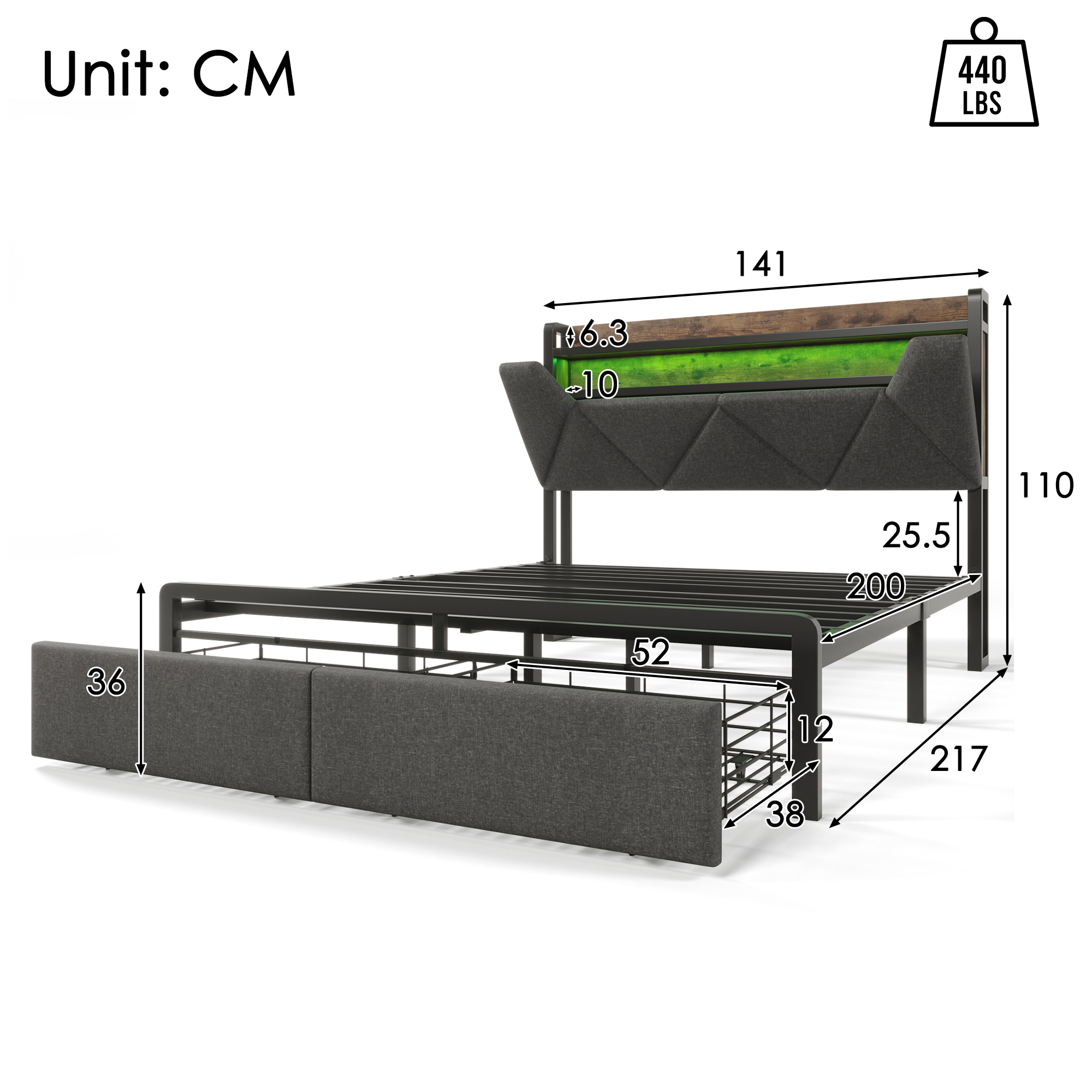 Polsterbett mit USB Typ C Ladefunktion Stauraum-Ko