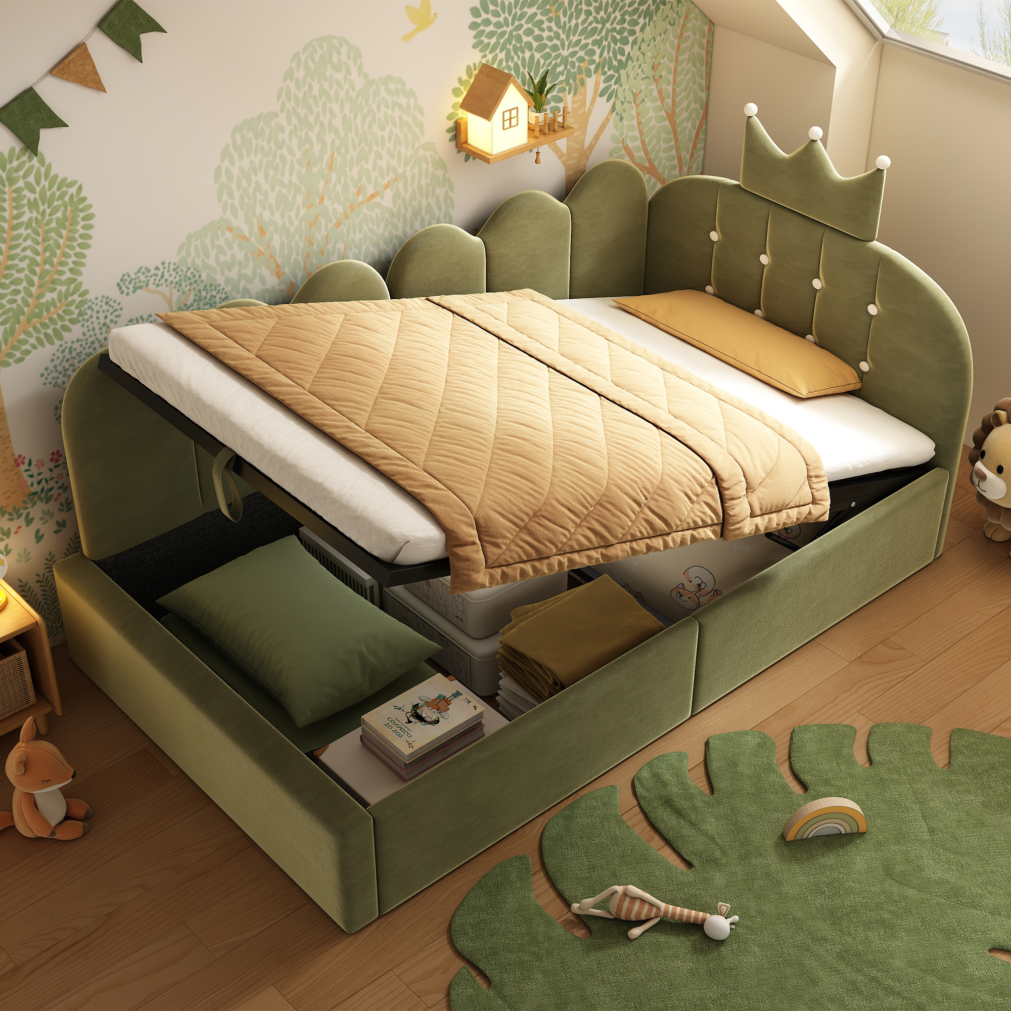 fonction de rangement pratique : cadre de lit hydraulique avec sangle textile pour soulever facilement le matelas