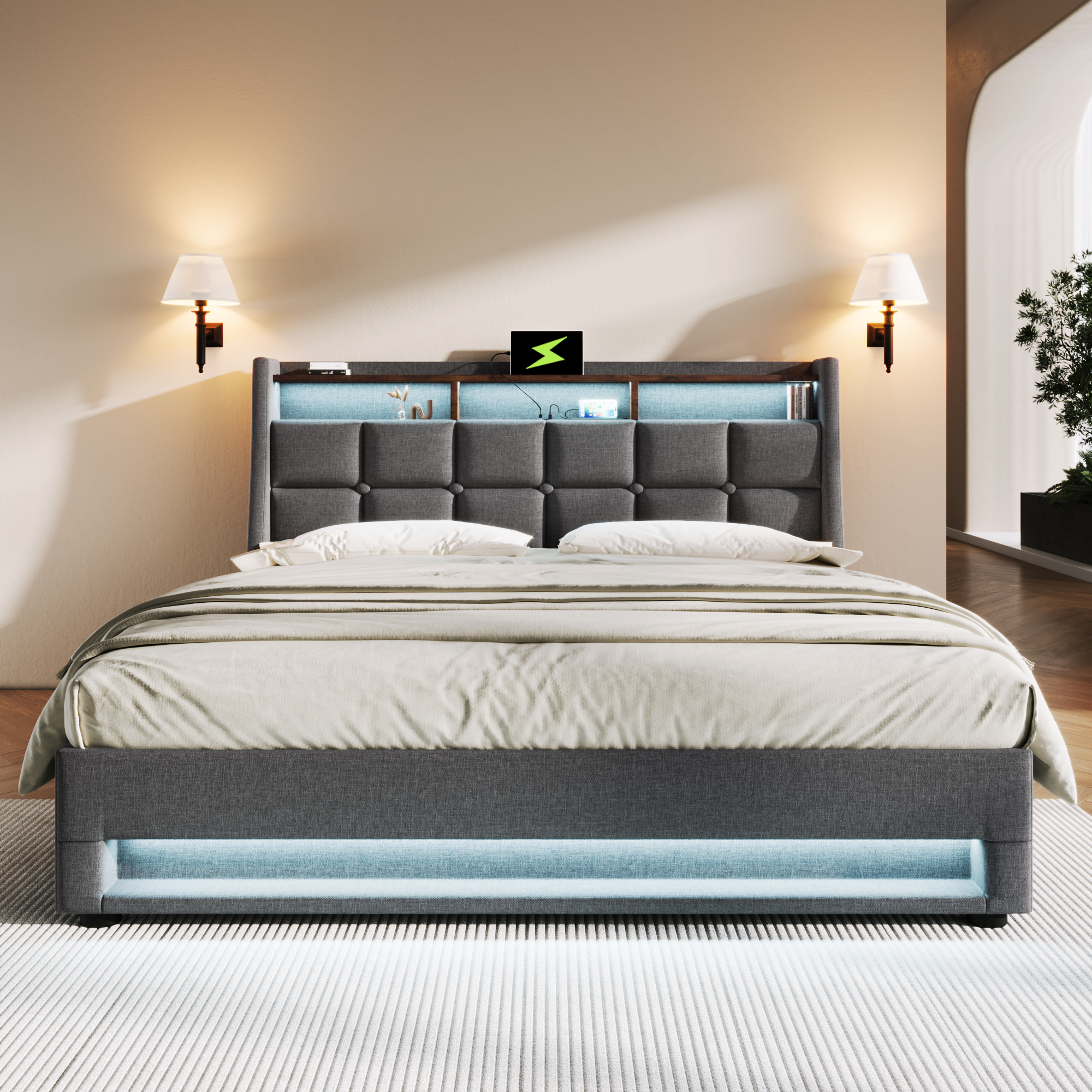 détail étagère de rangement sur la tête‑de‑lit