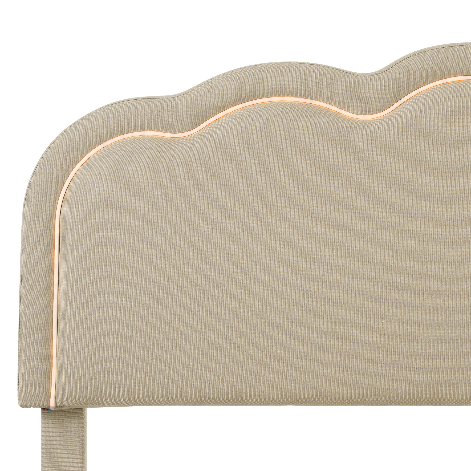 Lit avec tête de lit forme bouffée beige, LED ambiance, hauteur réglable, pour chambre, lumière douce enveloppante, atmosphère chaleureuse, design élégant, couleur beige polyvalente, confort et style moderne - image 9