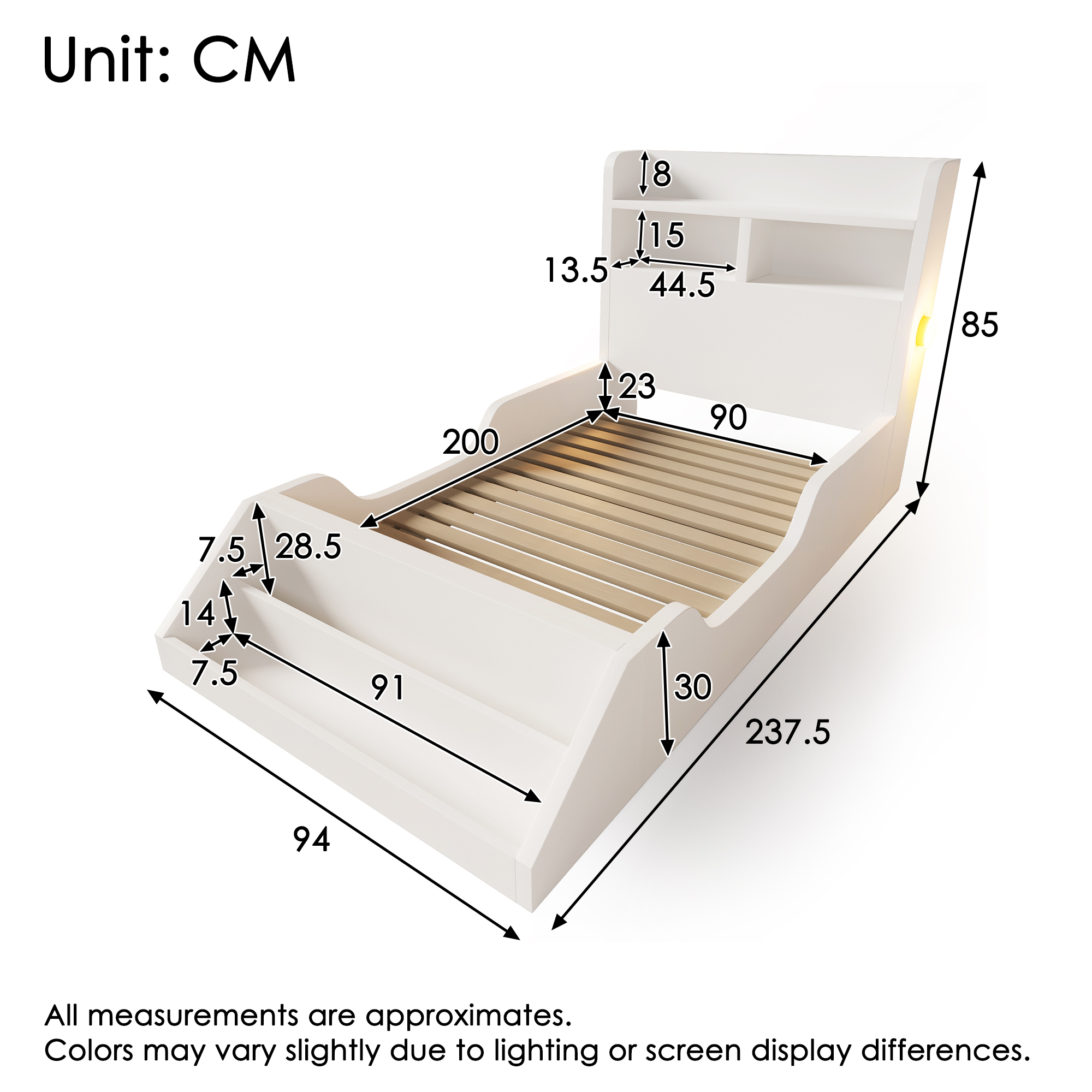 Lit simple enfant 90 x 200 cm avec tables de chevet intégrées, étagères intégrées, veilleuse de lecture, bois, blanc — visuel 2