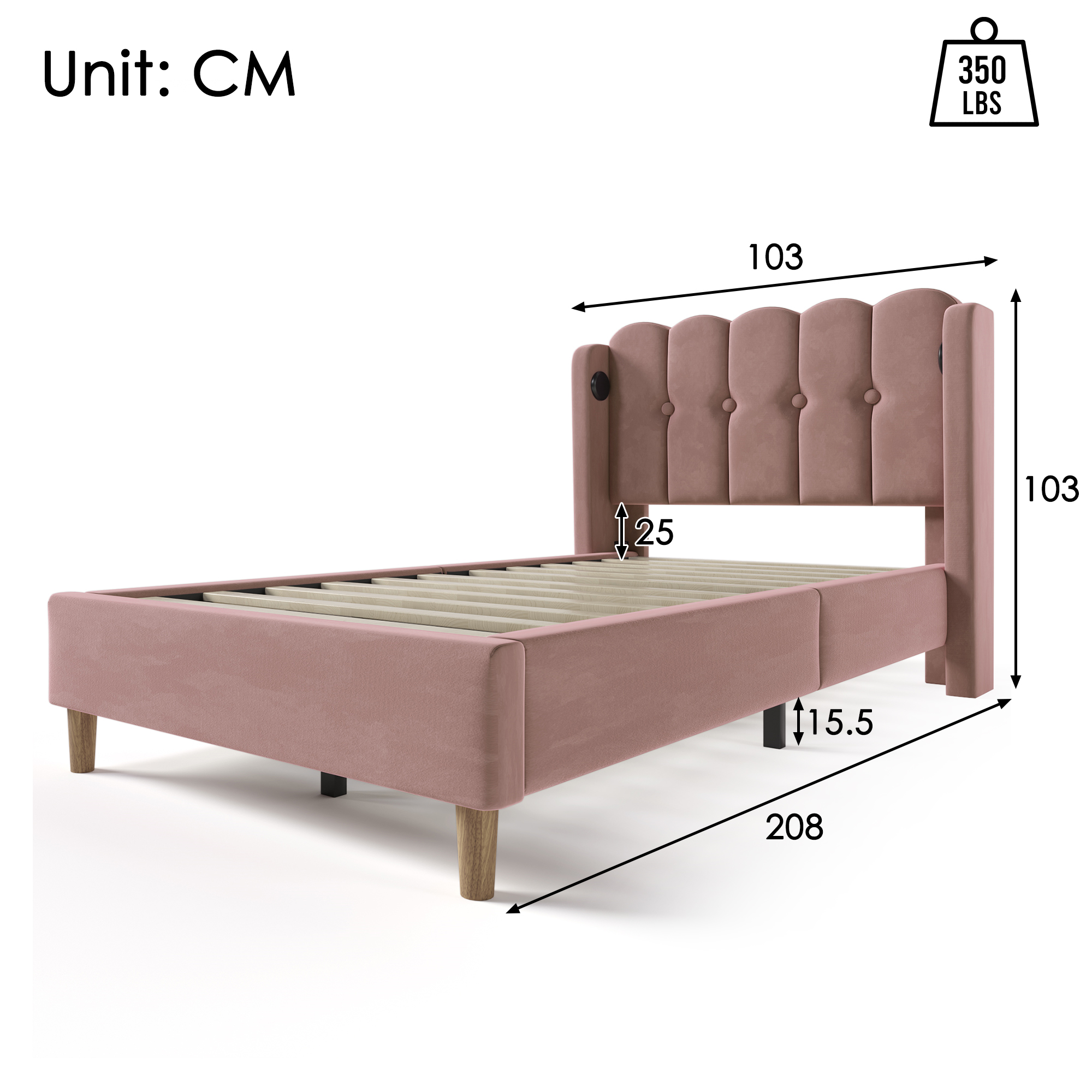 Lit rembourré simple 90 x 200 cm, tête panneautée, USB Type-C, velours rose, 208 x 103 x 103 cm