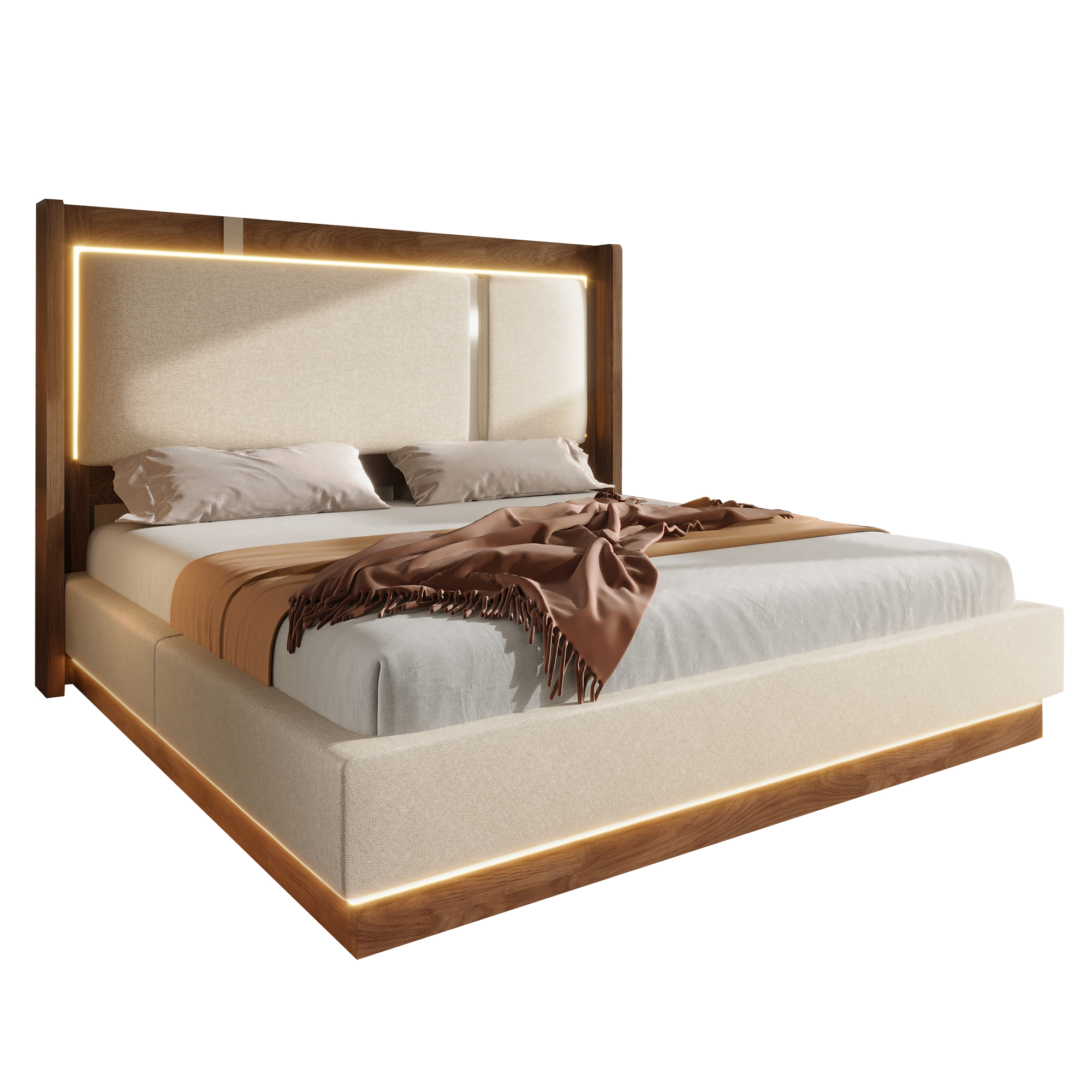 Lit rembourré, 180 x 200 cm, sans matelas, éclairage LED, rangement hydraulique, 209 x 196 x 110 cm, lin et bois, beige et noyer - vue 6