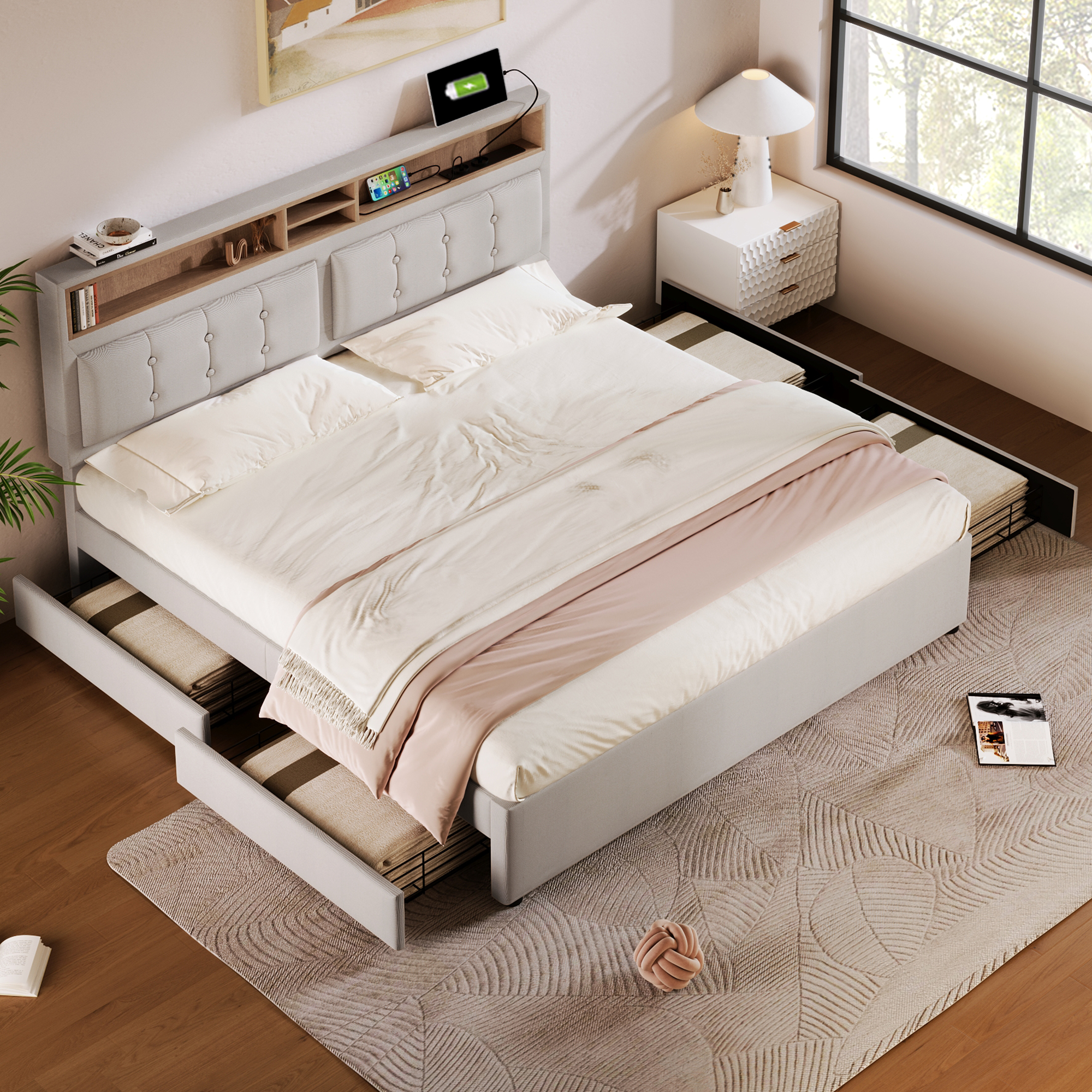 Doppelbett mit  4 Schubladen& USB C Steckdose, Pol