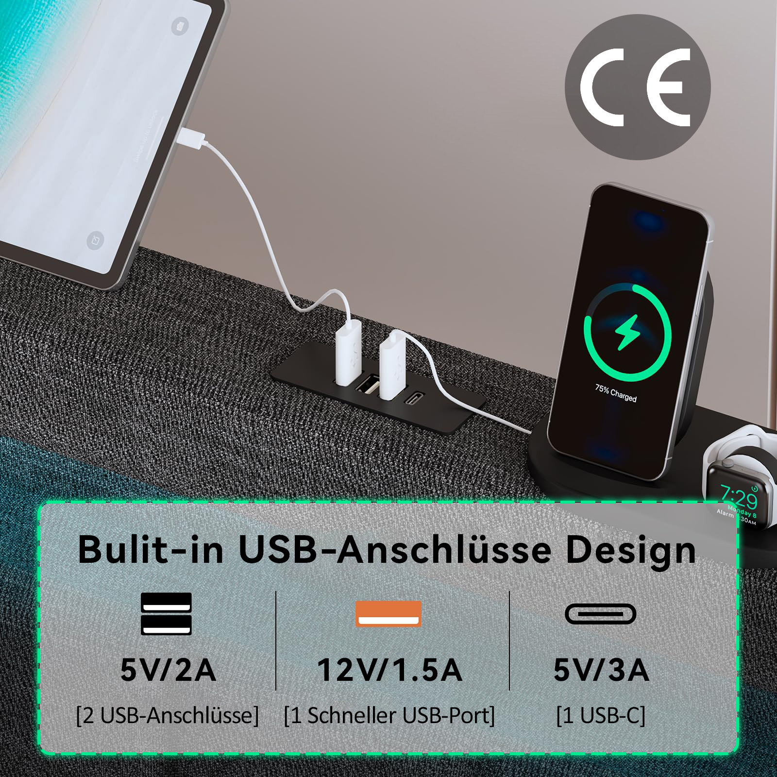 Polsterbett USB Typ C Ladefunktion LED-Beleuchtung