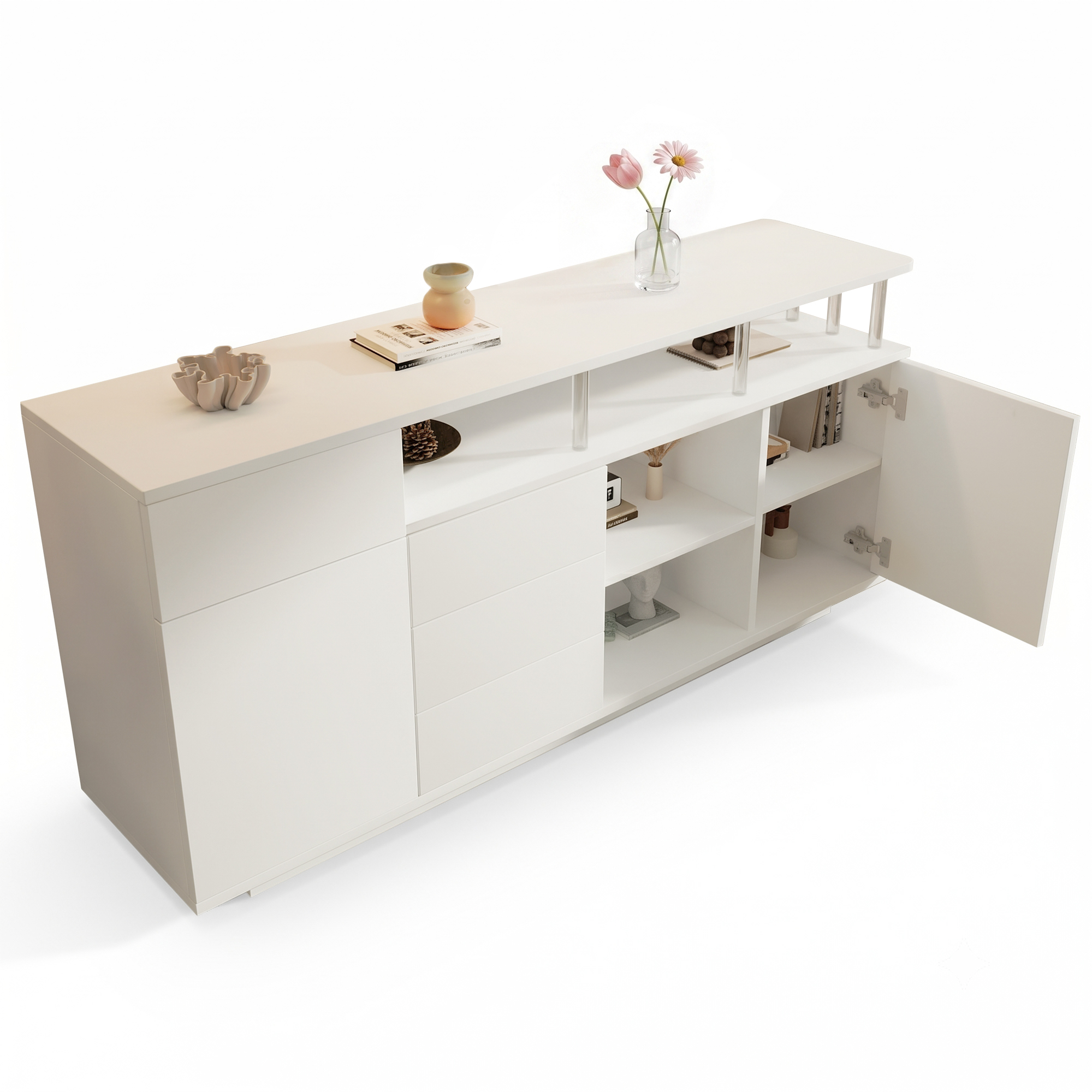Commode, éclairage LED, avec tiroirs, 160 x 40 x 75 cm, bois, blanc - vue 4