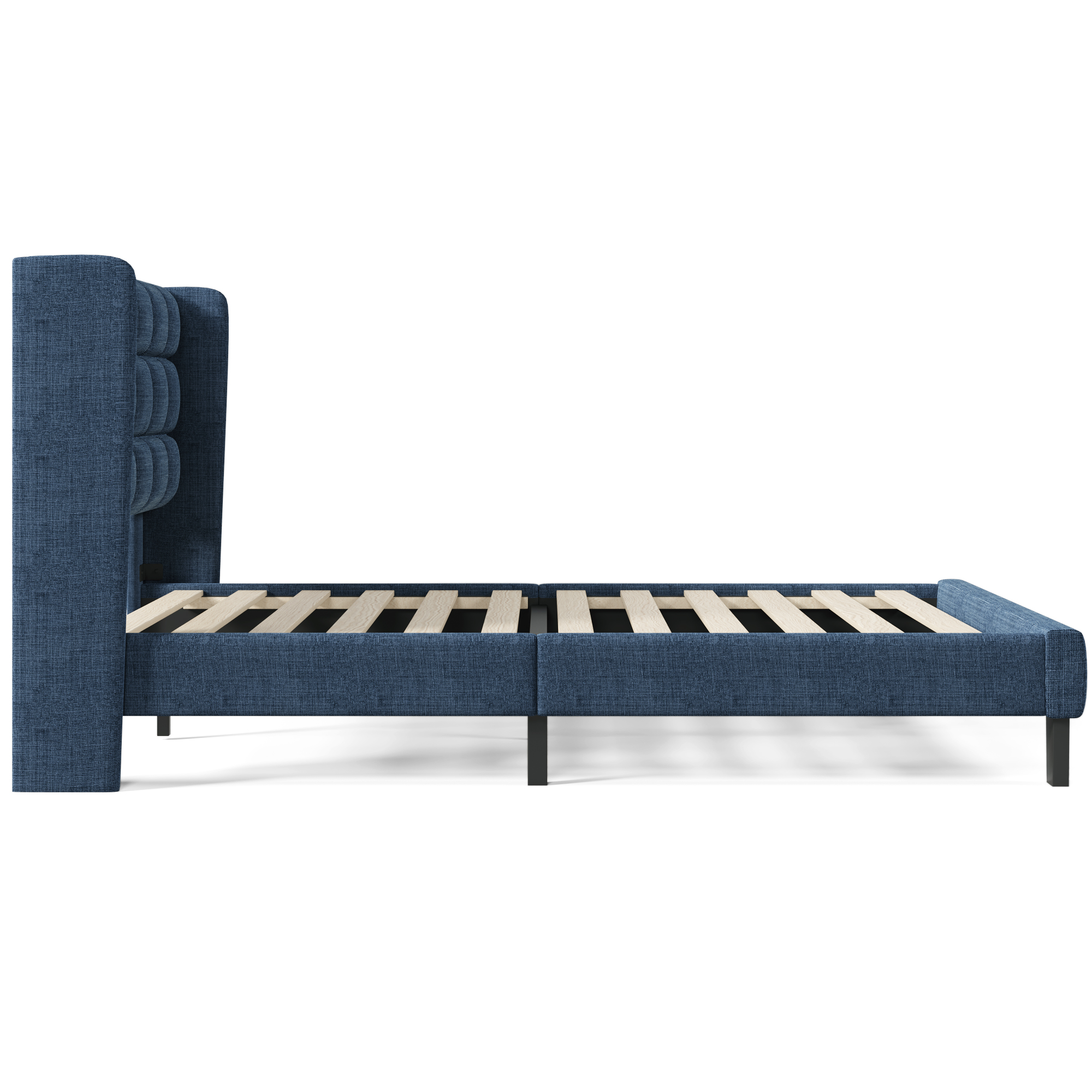 Lit rembourré classique en tissu bleu, tête de lit haute, pieds noirs, sommier à lattes bois inclus, design élégant intemporel, pour chambre, soutien confortable, lecture et repos, qualité durable - image 2