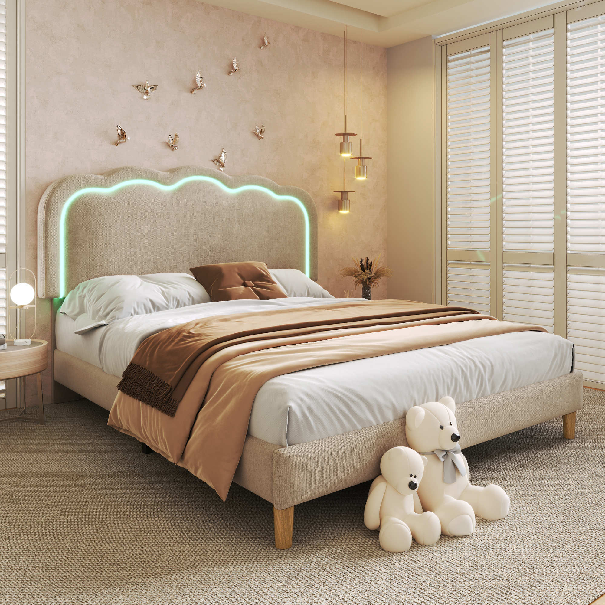 Lit avec tête de lit forme bouffée beige, LED ambiance, hauteur réglable, pour chambre, lumière douce enveloppante, atmosphère chaleureuse, design élégant, couleur beige polyvalente, confort et style moderne - image 13