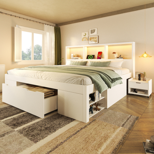 Lit blanc avec deux tables de chevet mobiles et rangement