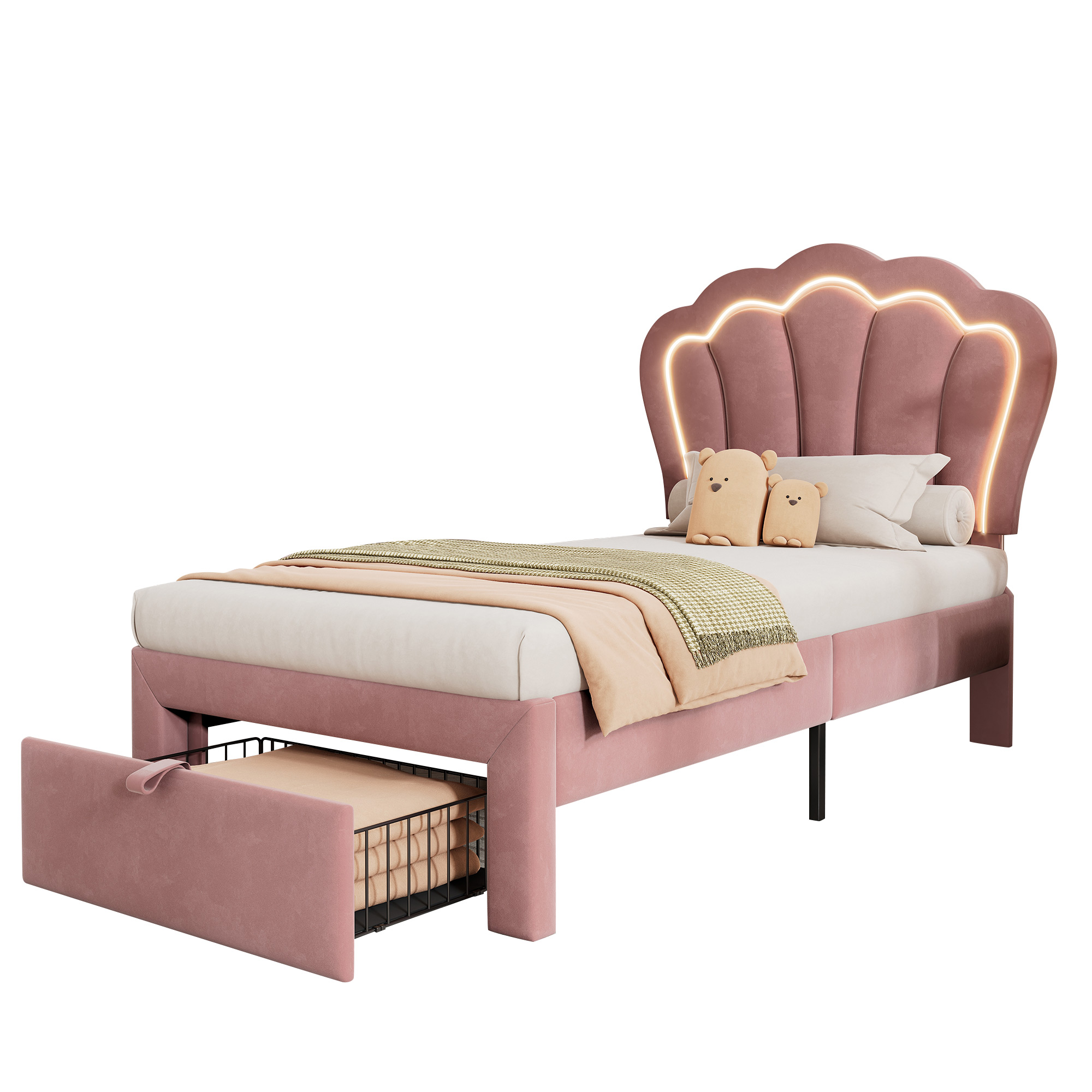 décoration élégante : tête‑de‑lit rembourrée velours à motif floral, ambiance chaleureuse