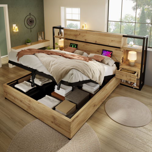 Rangements intégrés du lit double finition chêne