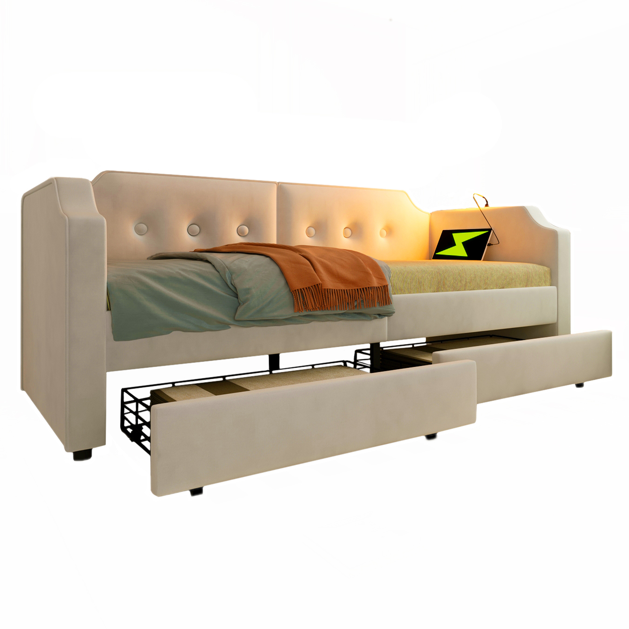 Lit enfant, ports USB, avec tiroirs, 90 x 200 cm, velours, beige - vue 5