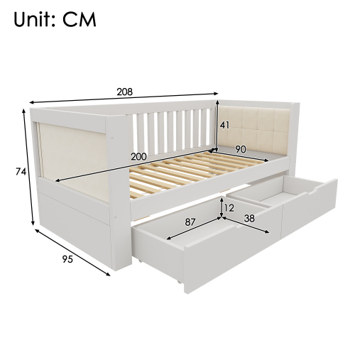 Dimensions du lit banquette blanc 90x200 cm