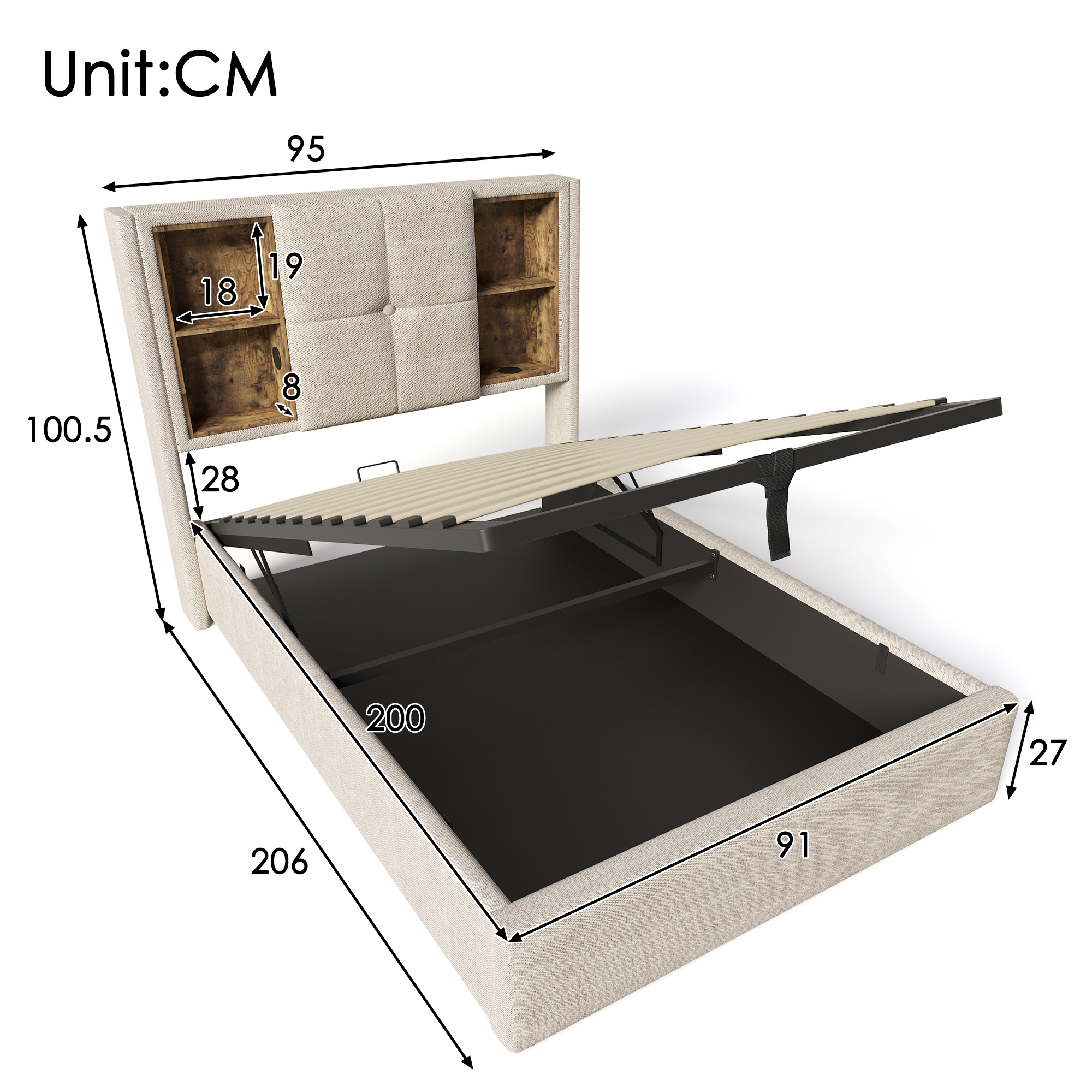 Lit rembourré simple 90 x 200 cm, charge sans fil, USB C, rangement, lin naturel, 206 x 95 x 100,5 cm