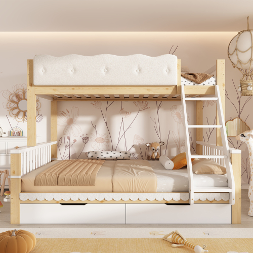 Lit superposé enfant blanc et chêne avec barrière fleurie