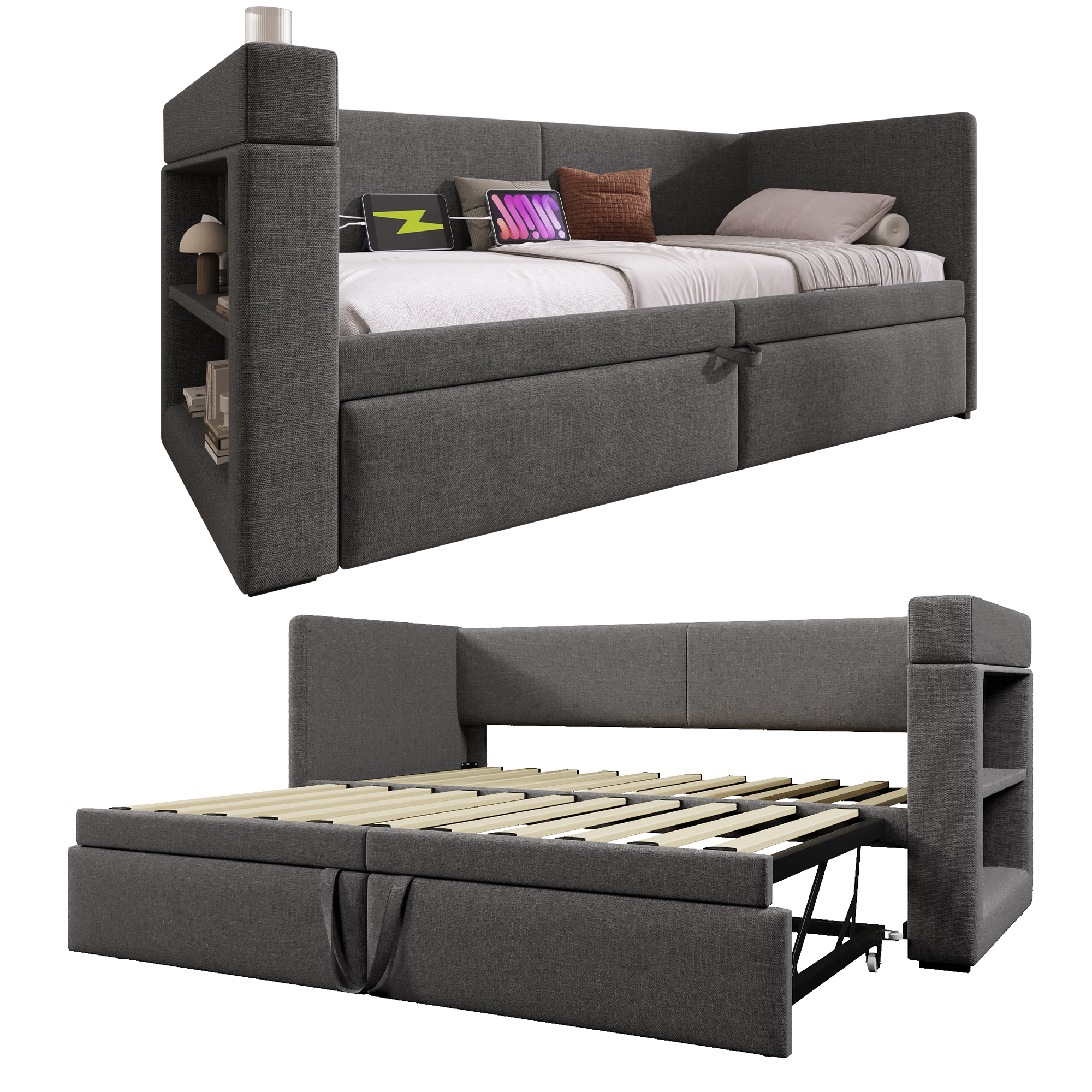 Canapé-lit avec lit escamotable, accoudoirs interchangeables, tissu lin-coton, roulettes et sangles, pour salon et chambre, utilisation flexible, confort toute saison, gain de place, design pratique - image 3