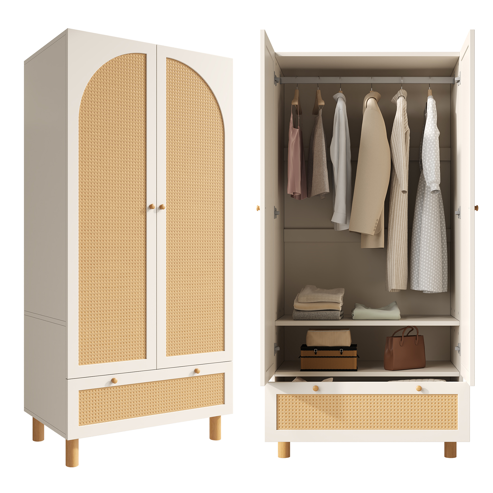 Armoire, hauteur réglable, avec tiroirs, détails en rotin, 85,5 x 52 x 180,5 cm, rotin, blanc - vue 3