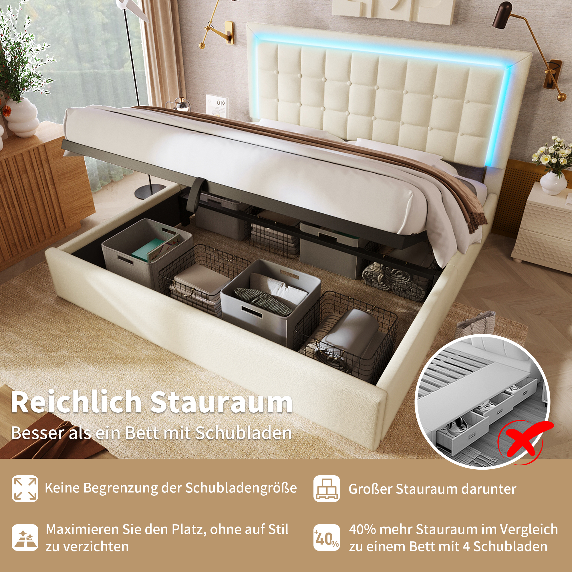 (=061415AAW)Polsterbett mit Lattenrost und Staurau