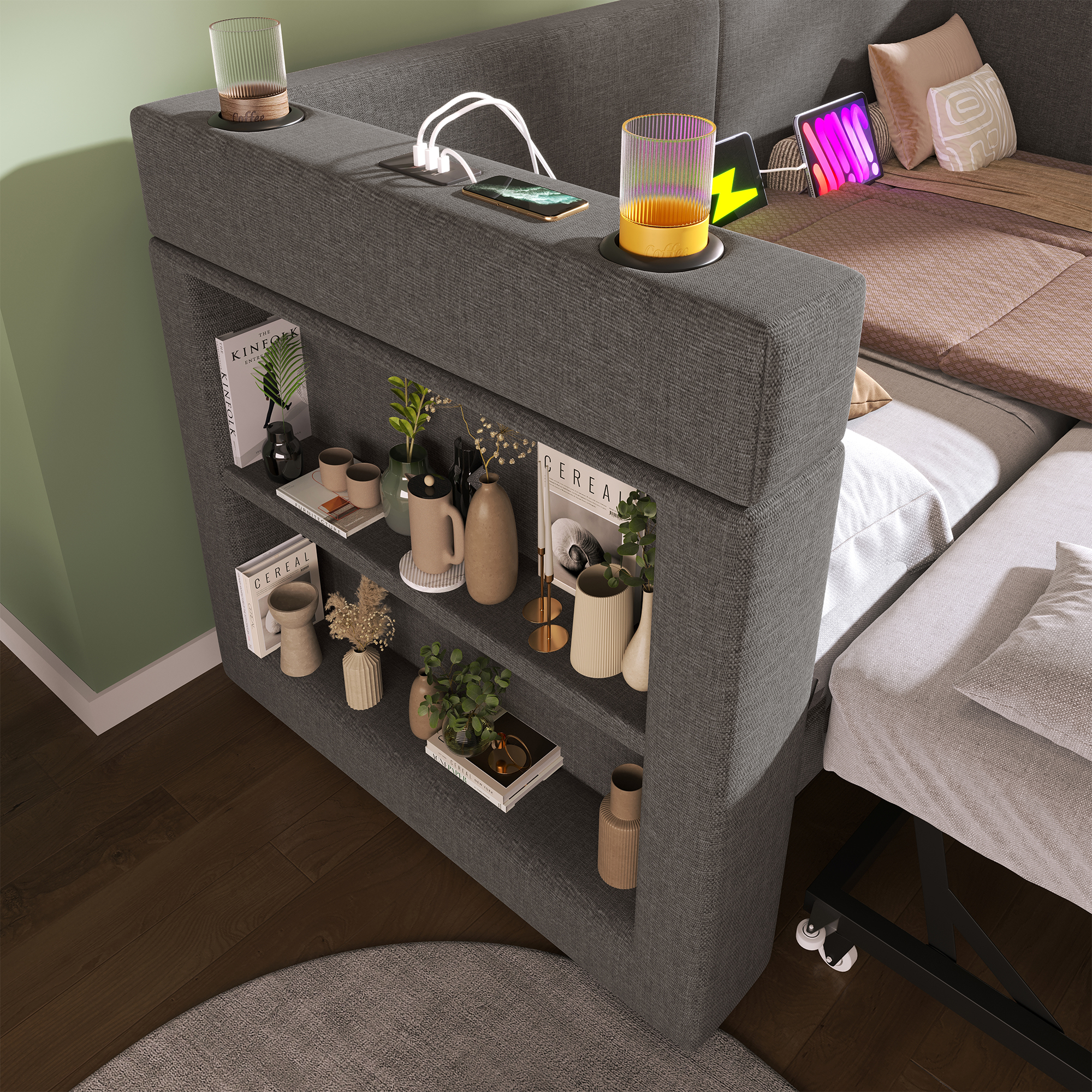 Canapé-lit avec lit escamotable, accoudoirs interchangeables, tissu lin-coton, roulettes et sangles, pour salon et chambre, utilisation flexible, confort toute saison, gain de place, design pratique - image 11