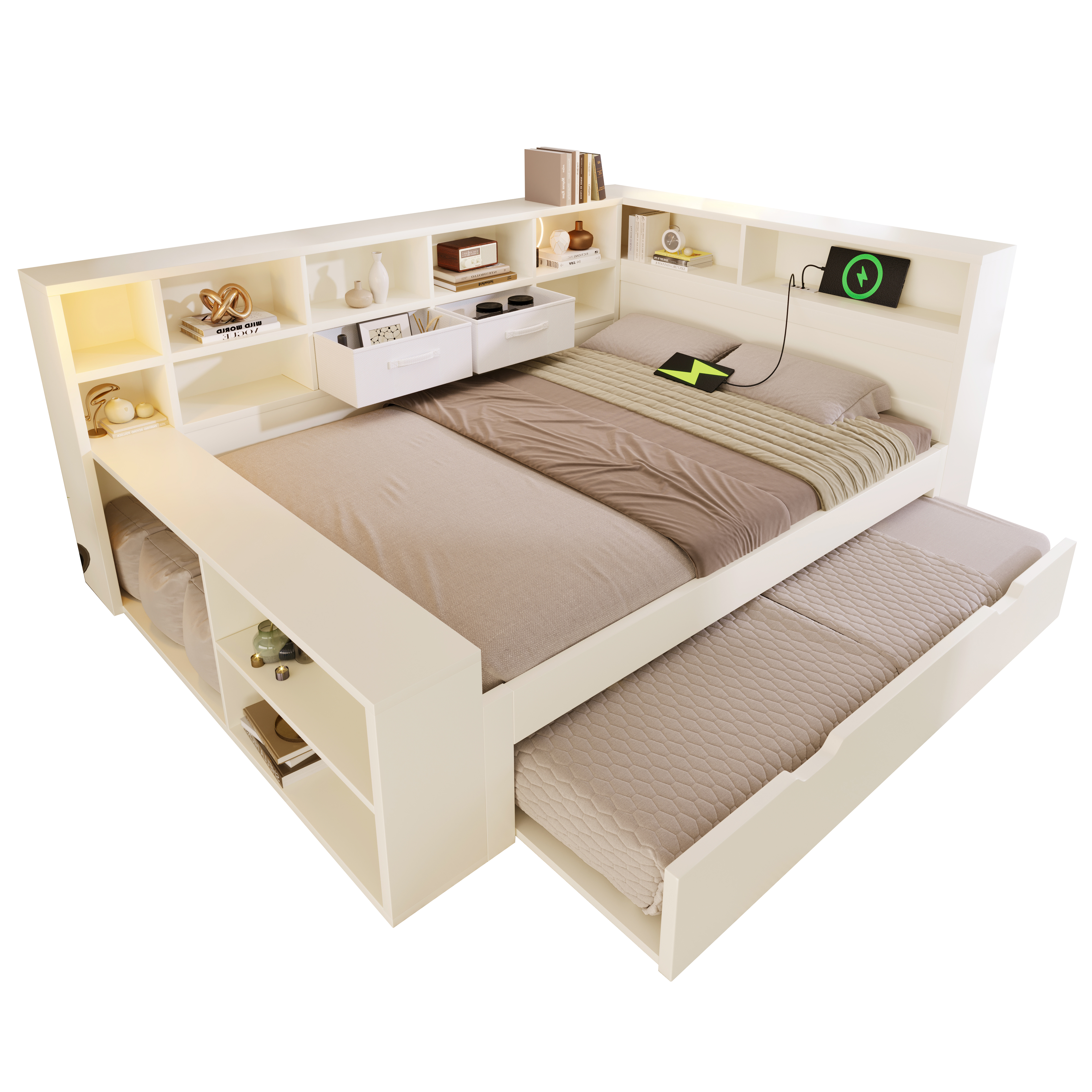 Détails de Lit gigogne en bois 140 x 200 cm avec tiroirs, ports USB-C et rangements, Blanc, sans matelas