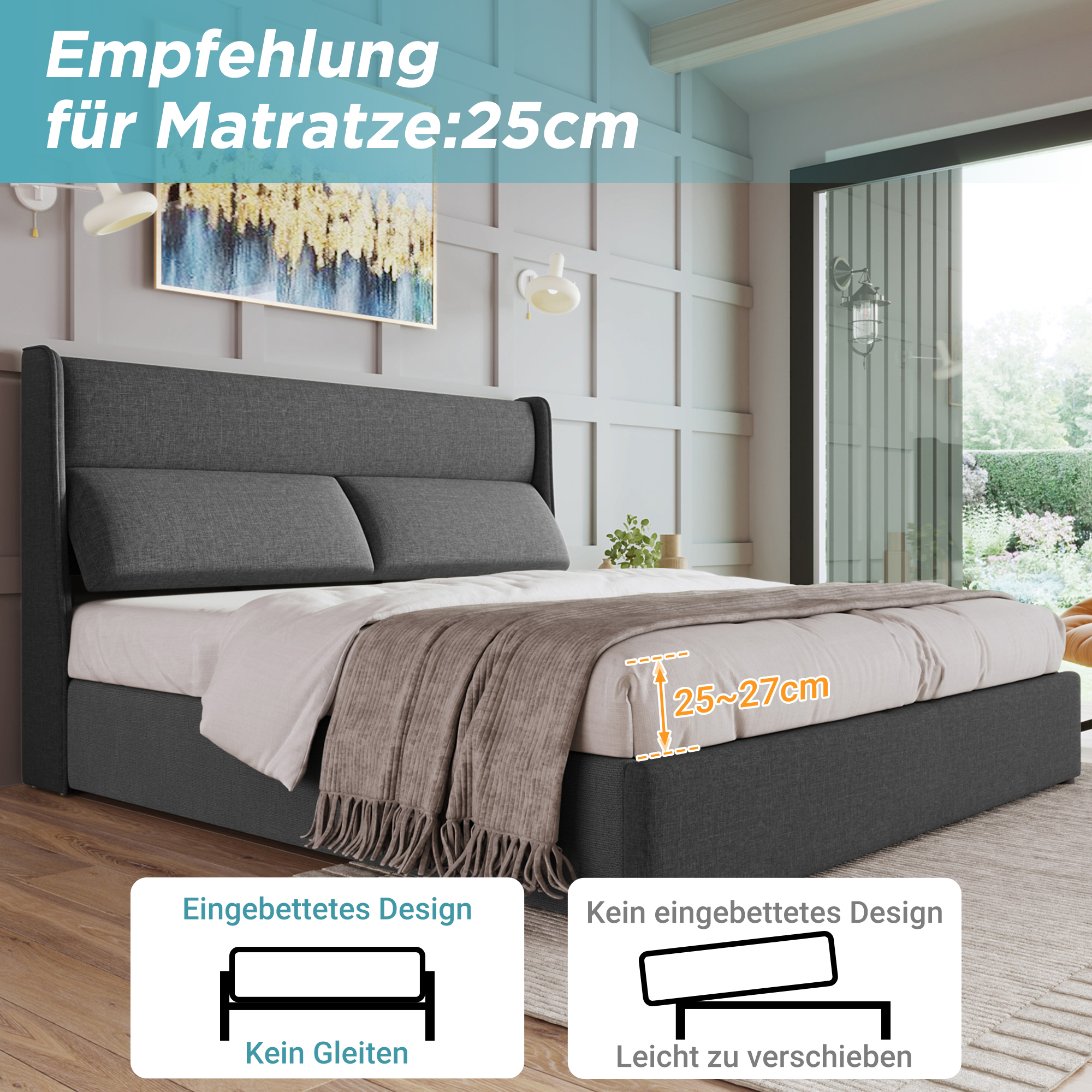 lit coffre hydraulique gris, grand espace de rangement sous le lit