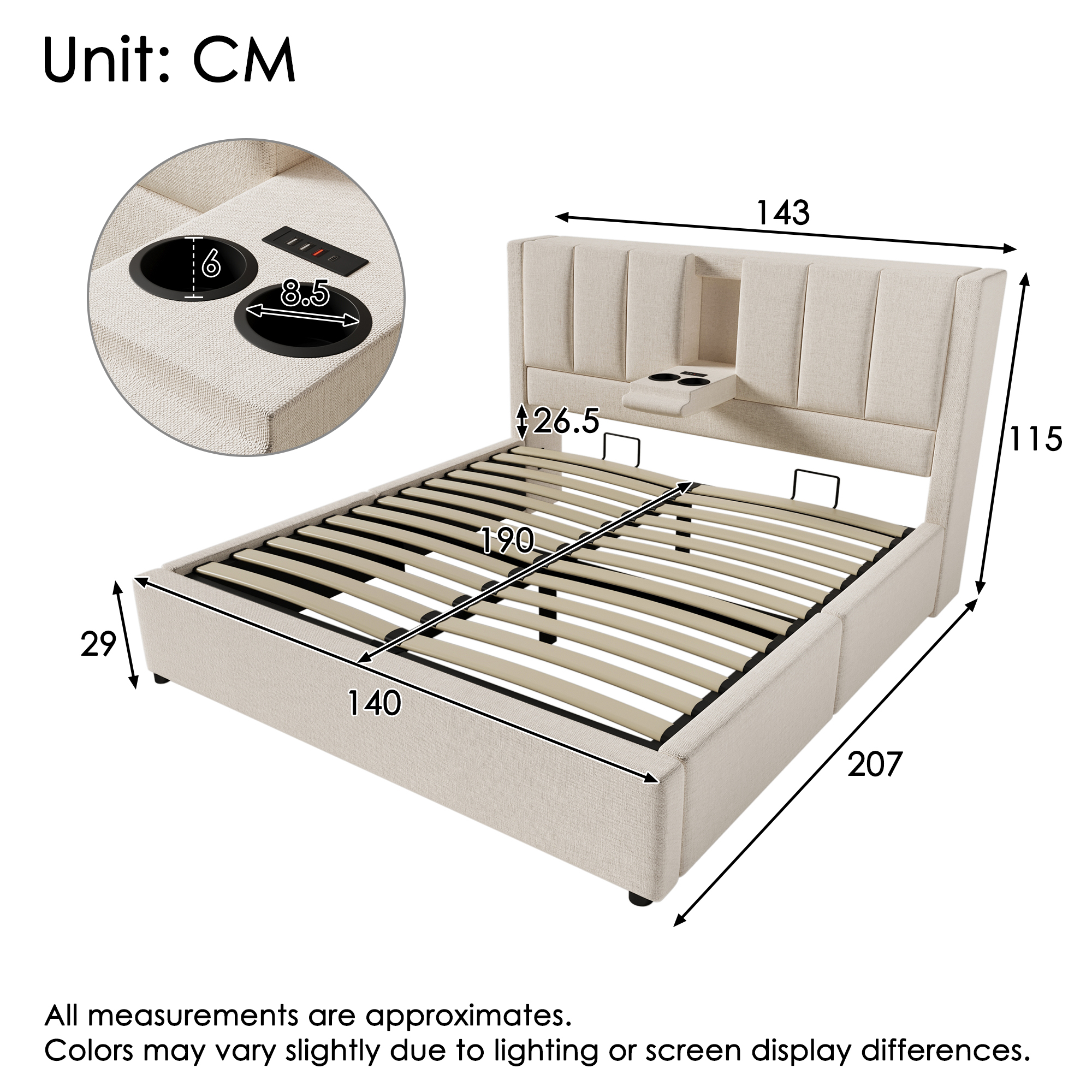 Dimensions et fonctions de Lit coffre rembourré en lin 140 x 190 cm avec rangement hydraulique, ports USB-C, porte-gobelet et sommier à lattes, Beige, sans matelas