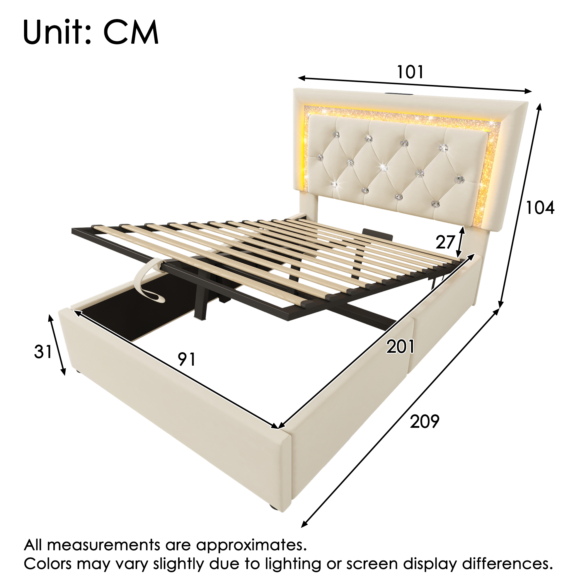 Polsterbett 90x200 cm Samt Einzelbett mit LED-Diam