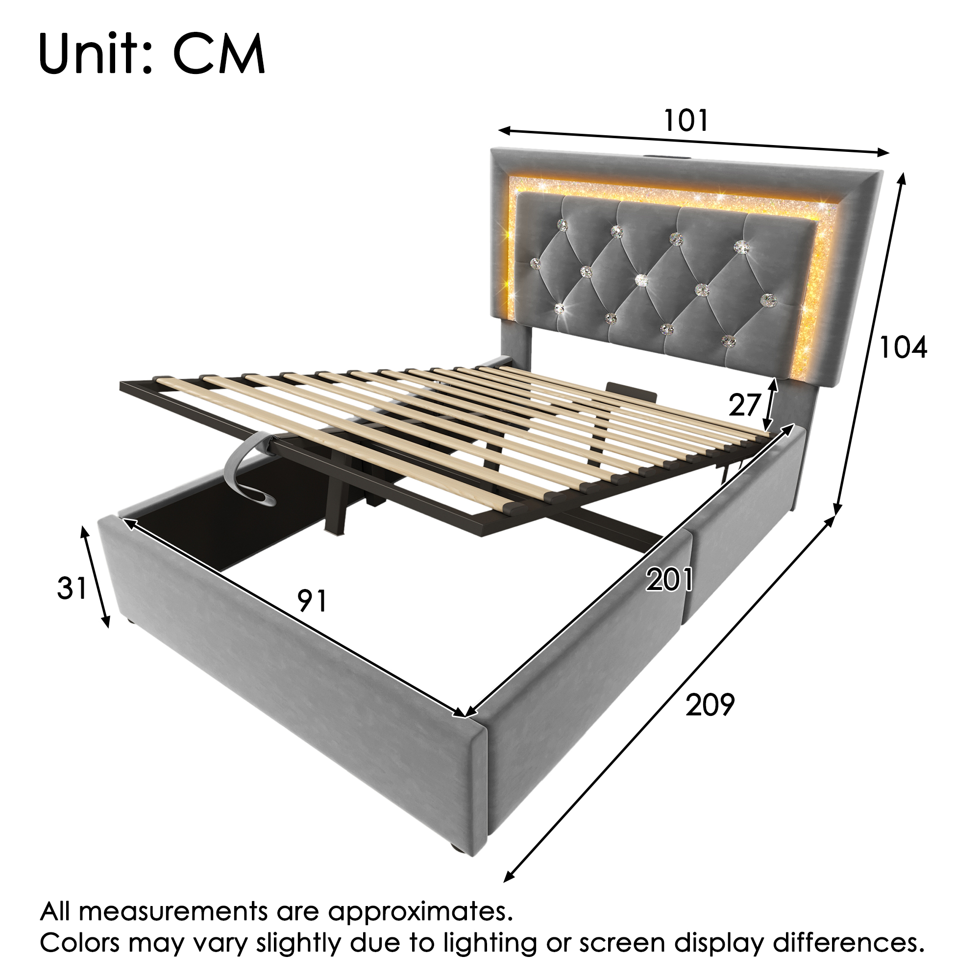 Polsterbett 90x200 cm Samt Einzelbett mit LED-Diam