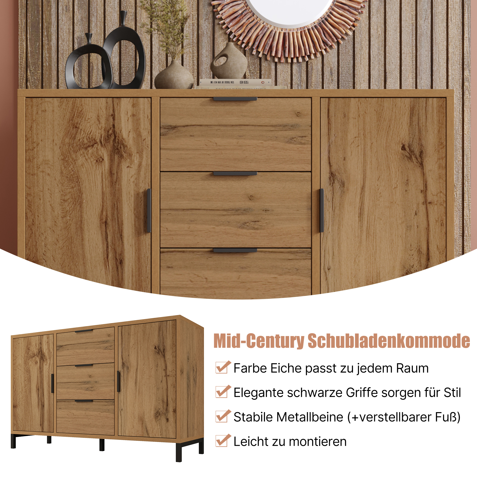 Commode, avec tiroirs, 120 x 40 x 76 cm, panneaux de particules, chêne - vue 2