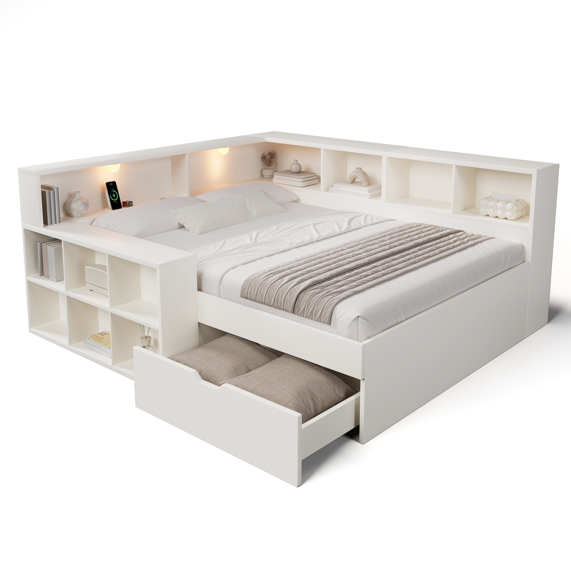 Détails de Lit banquette en bois 140 x 190 cm avec tiroirs, ports USB-C, lampe de lecture et rangements, Blanc, sans matelas