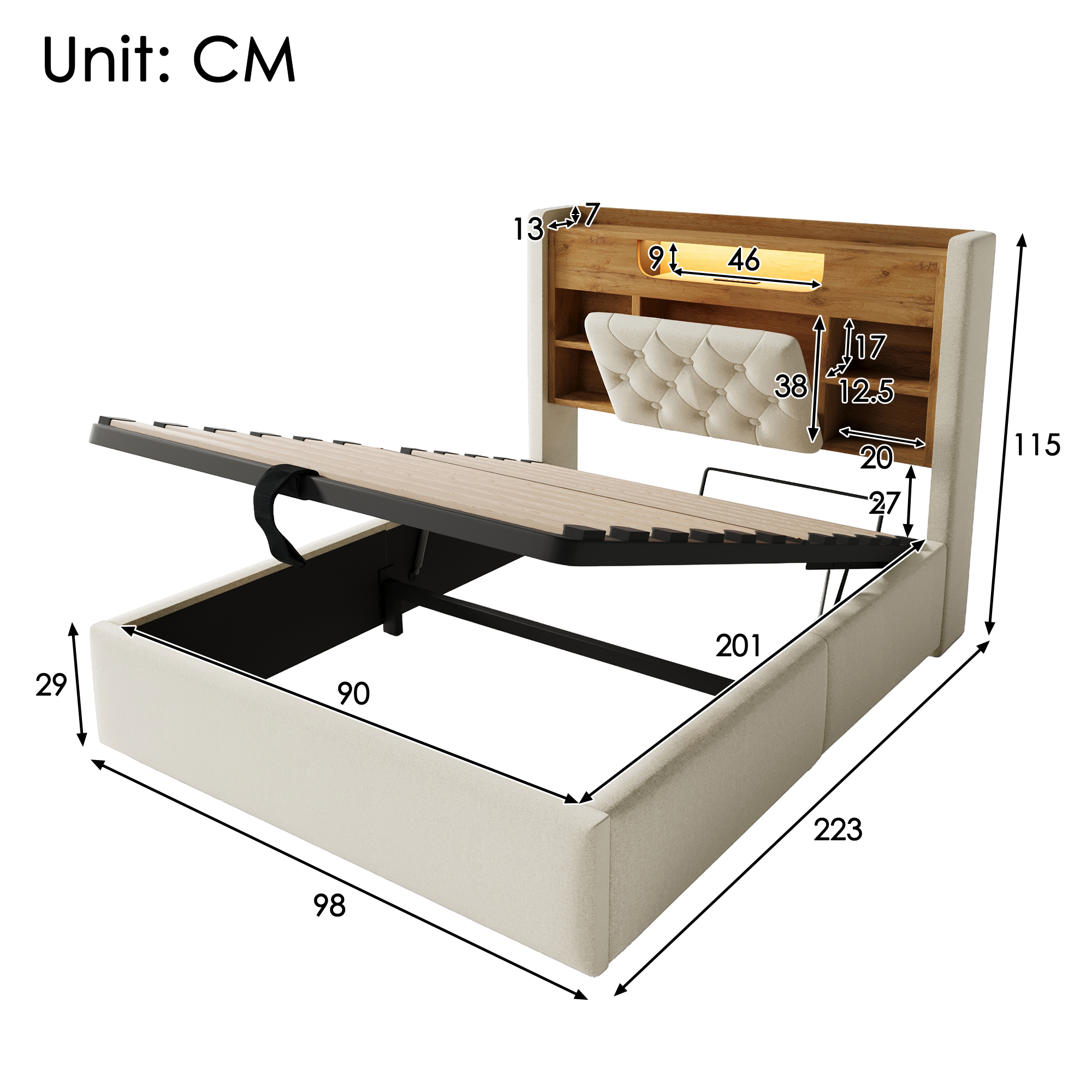 Lit rembourré 90 x 200 cm avec éclairage LED, port USB / Type-C, rangements intégrés, rangement hydraulique, beige - vue complémentaire 1