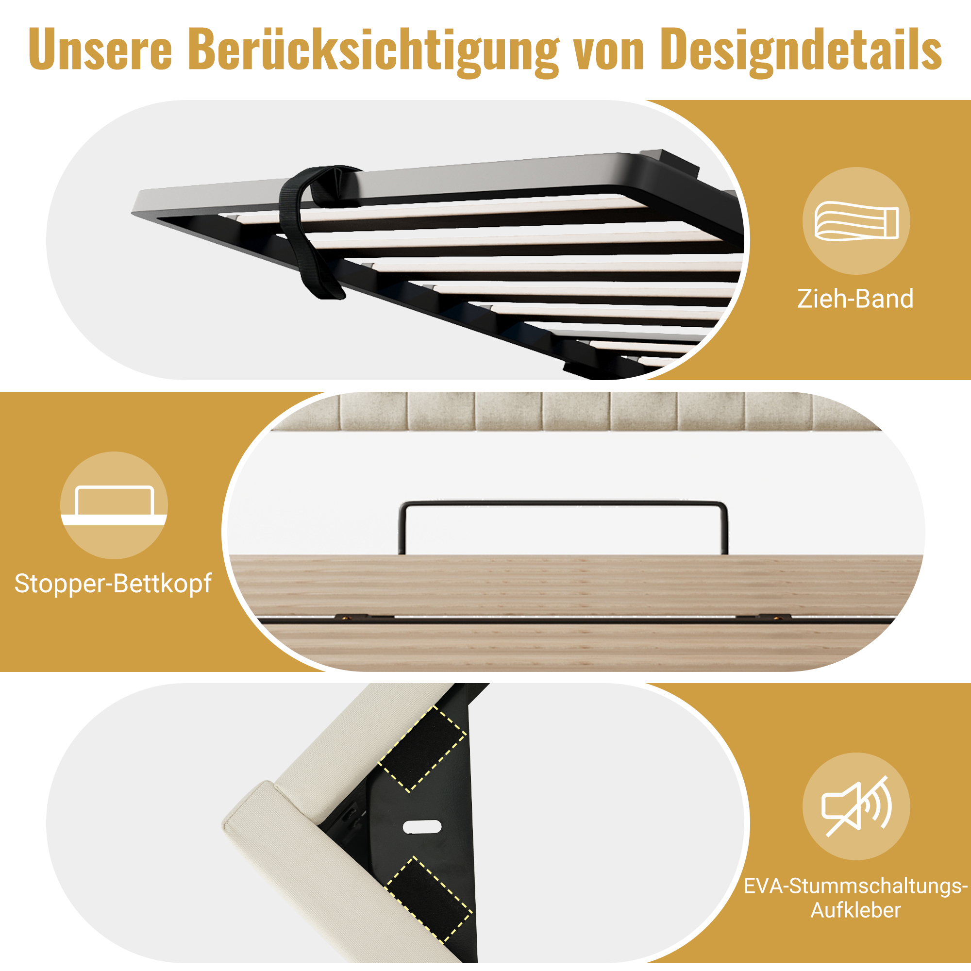 Lit rembourré, 180 x 200 cm, sans matelas, éclairage LED, rangement hydraulique, 209 x 196 x 110 cm, lin et bois, beige et noyer - vue 5