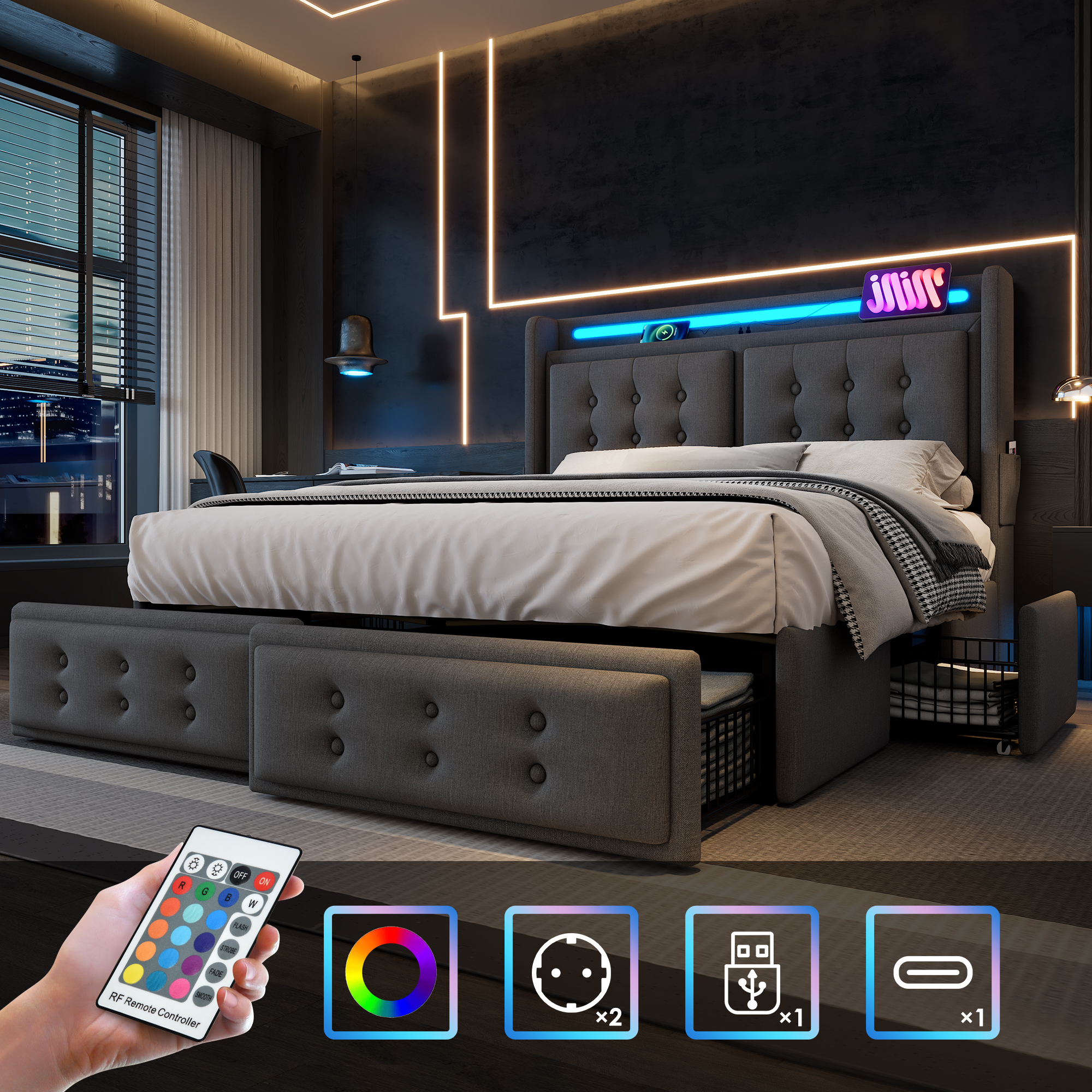 Polsterbett 140x200, Doppelbett mit Led-Kopfteil u
