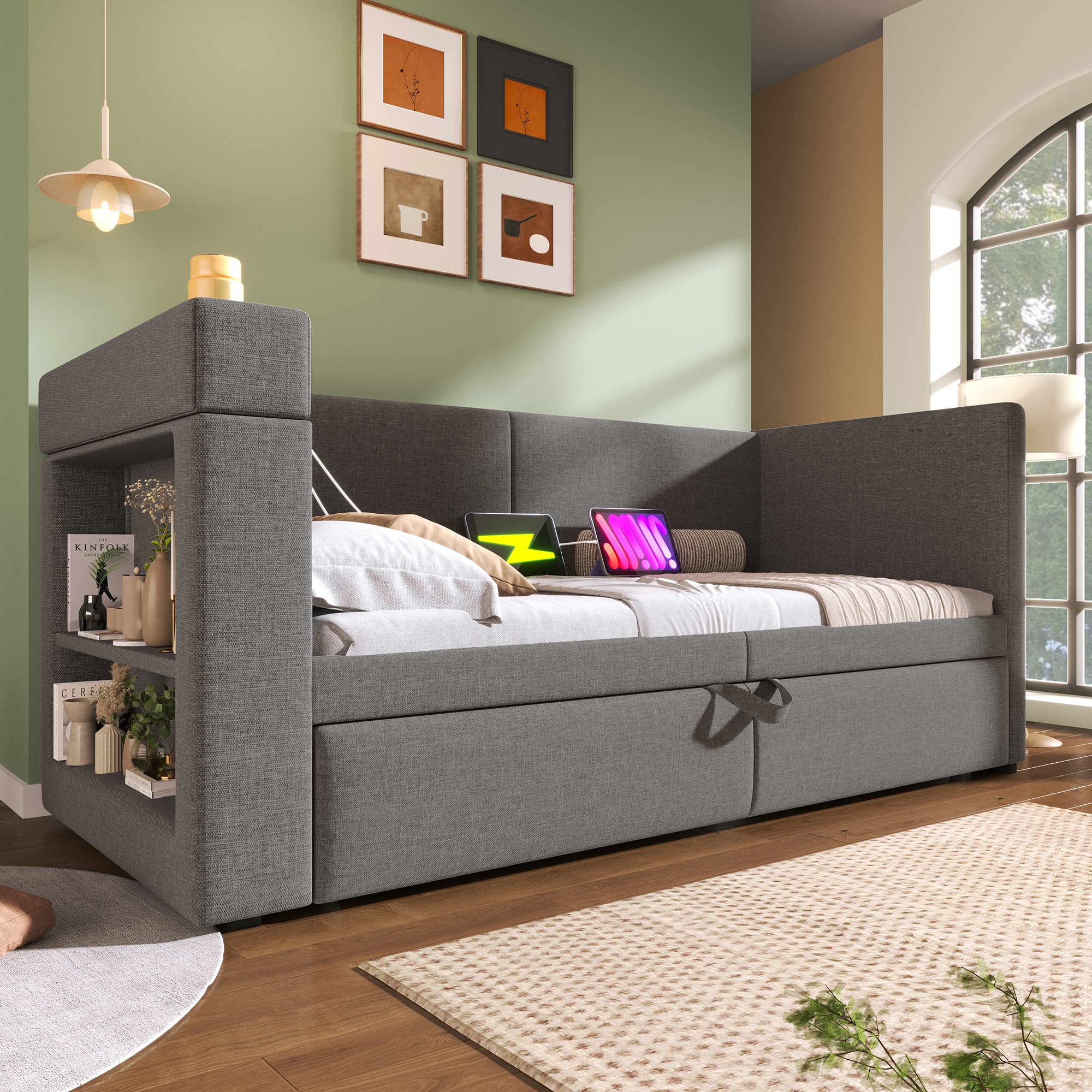 Canapé-lit avec lit escamotable, accoudoirs interchangeables, tissu lin-coton, roulettes et sangles, pour salon et chambre, utilisation flexible, confort toute saison, gain de place, design pratique - image 10