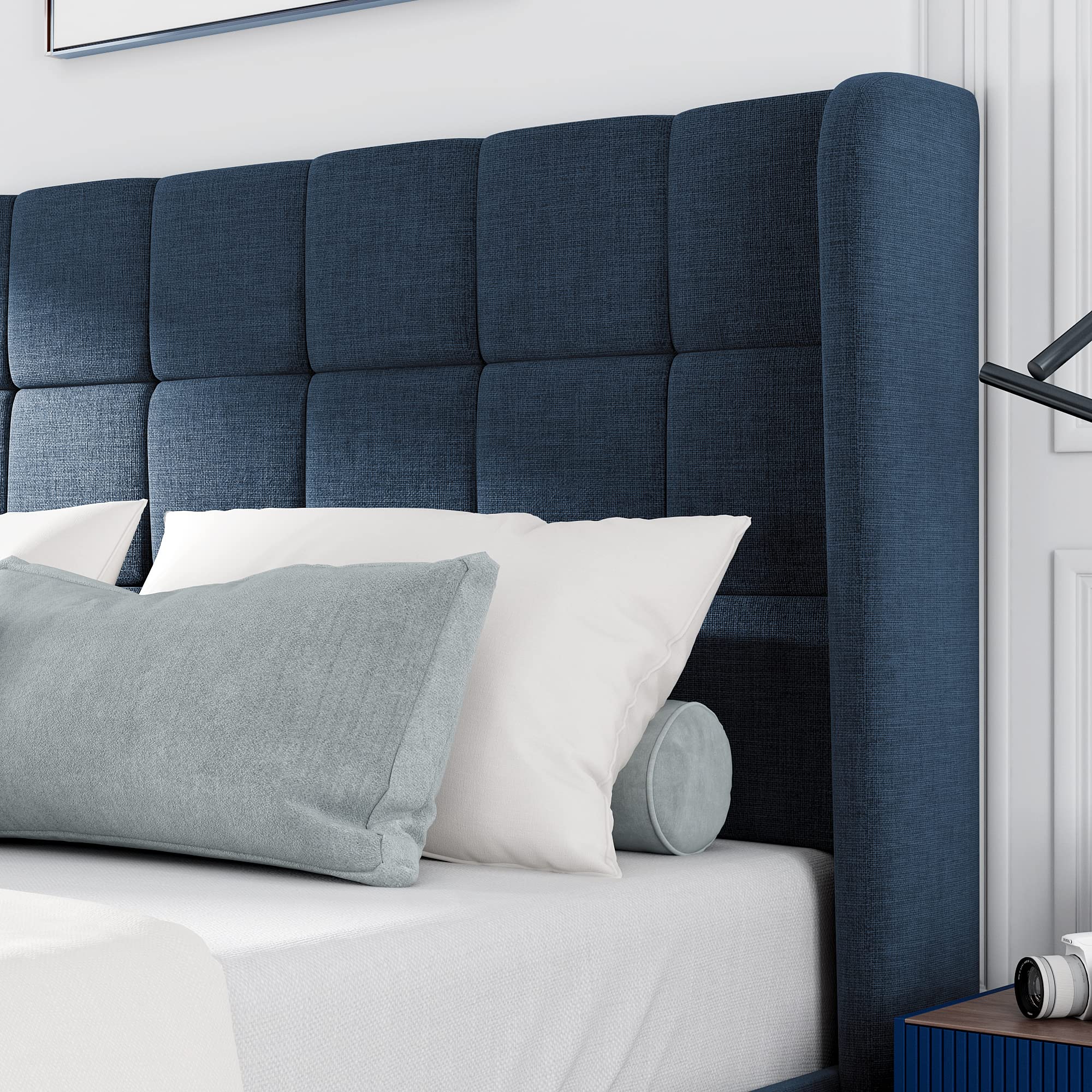 Lit rembourré classique en tissu bleu, tête de lit haute, pieds noirs, sommier à lattes bois inclus, design élégant intemporel, pour chambre, soutien confortable, lecture et repos, qualité durable - image 6