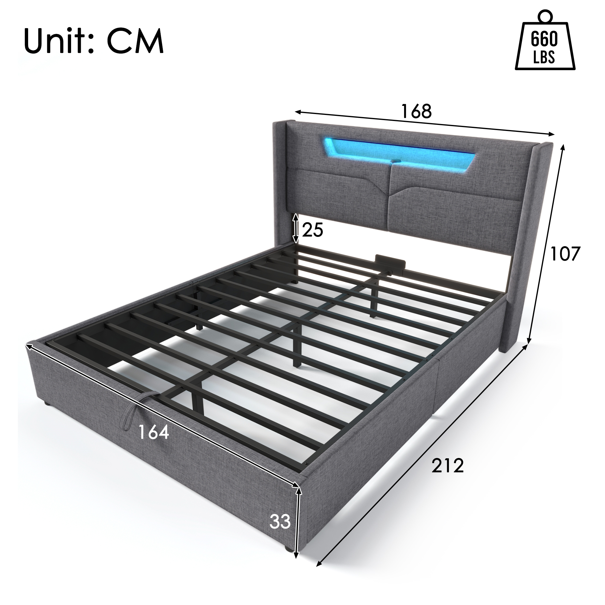 Polsterbett LED Doppelbett mit USB Typ C Ladefunkt