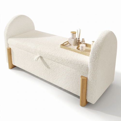 Banquette coffre blanche utilisée au bout du lit ou dans une entrée