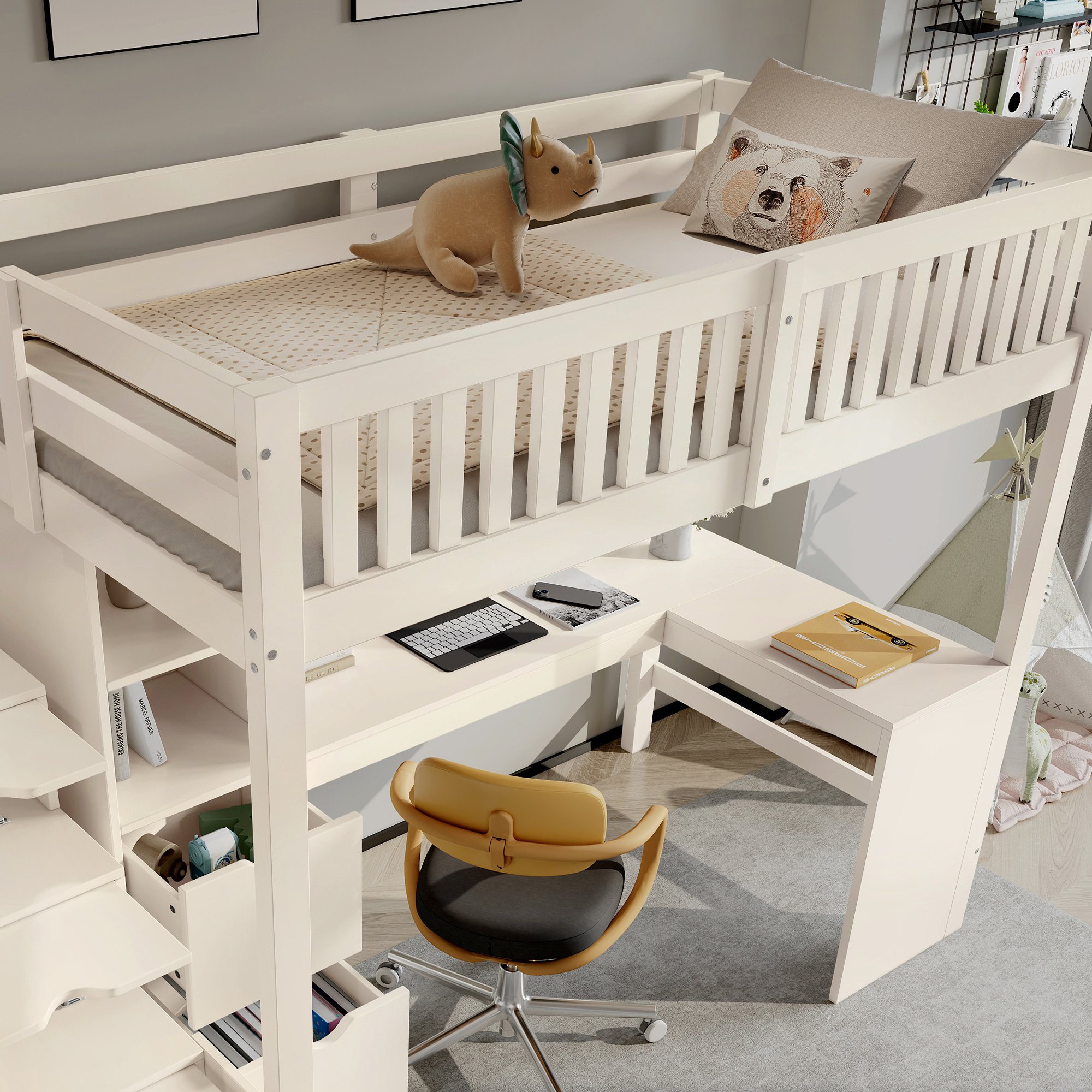 Lit mezzanine - bureau et escalier
