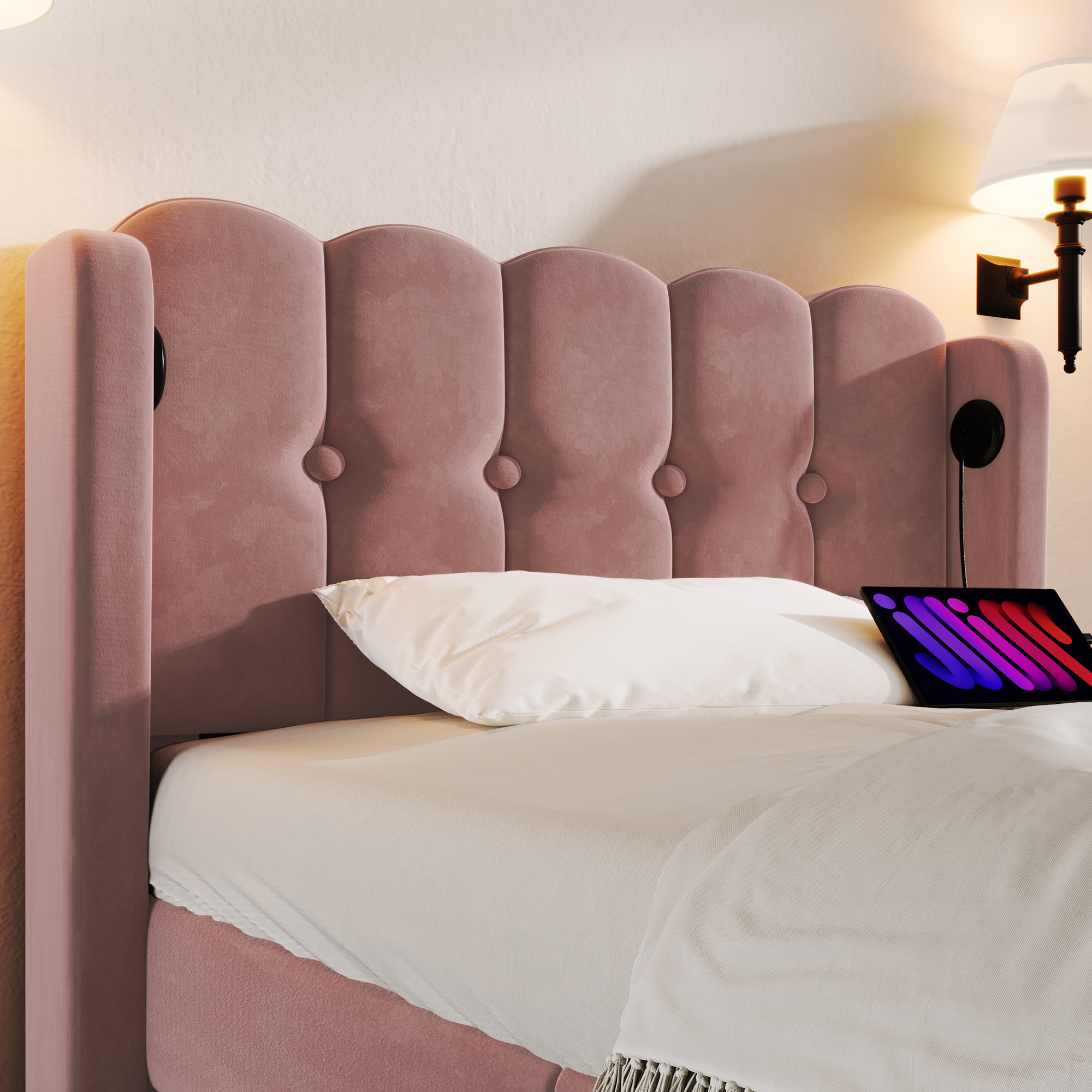 Matelas 406 ressorts + 2 mousses certifiée Oeko-Tex, lit avec tête de lit design panneau en velours rose, style rustique chaleureux, pour chambre, sommeil confortable, couleur rose clair, design élégant - image 11