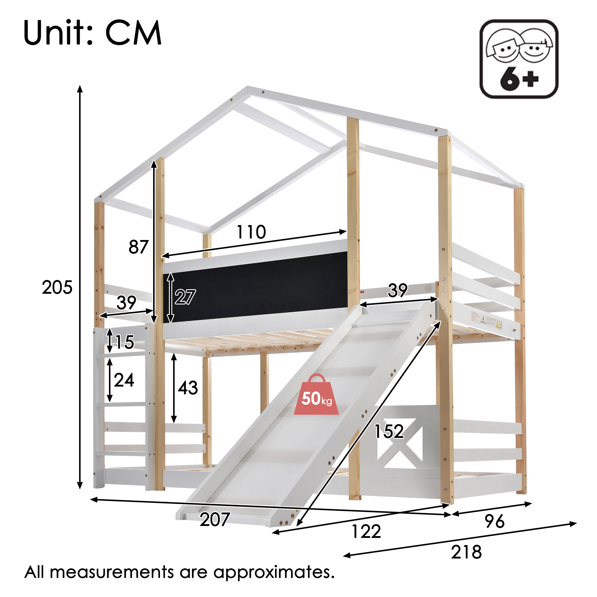 Lit cabane enfant avec toboggan et échelle 90x200 cm vue 2