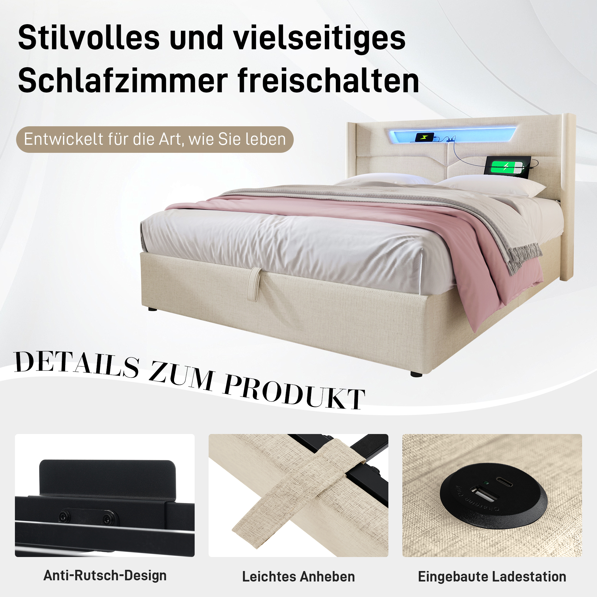 Polsterbett LED Doppelbett mit USB Typ C Ladefunkt