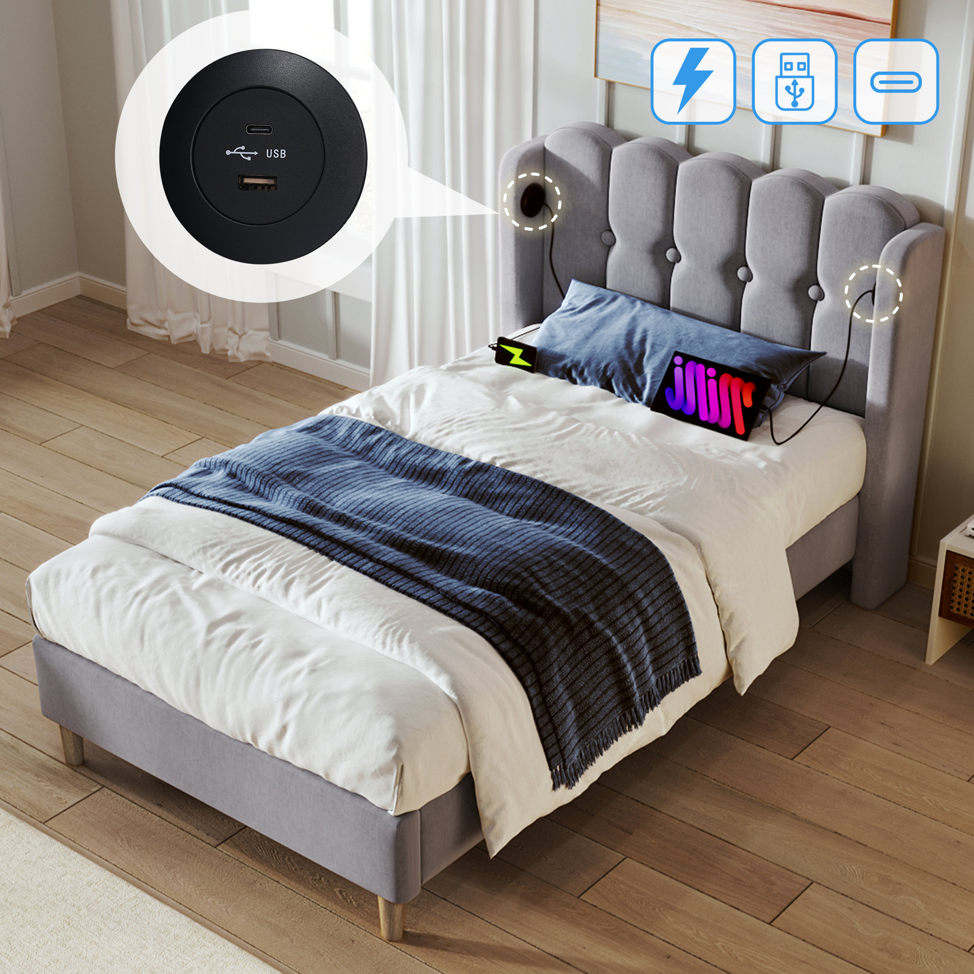 Polsterbett  Einzelbett mit USB Typ C Ladefunktion