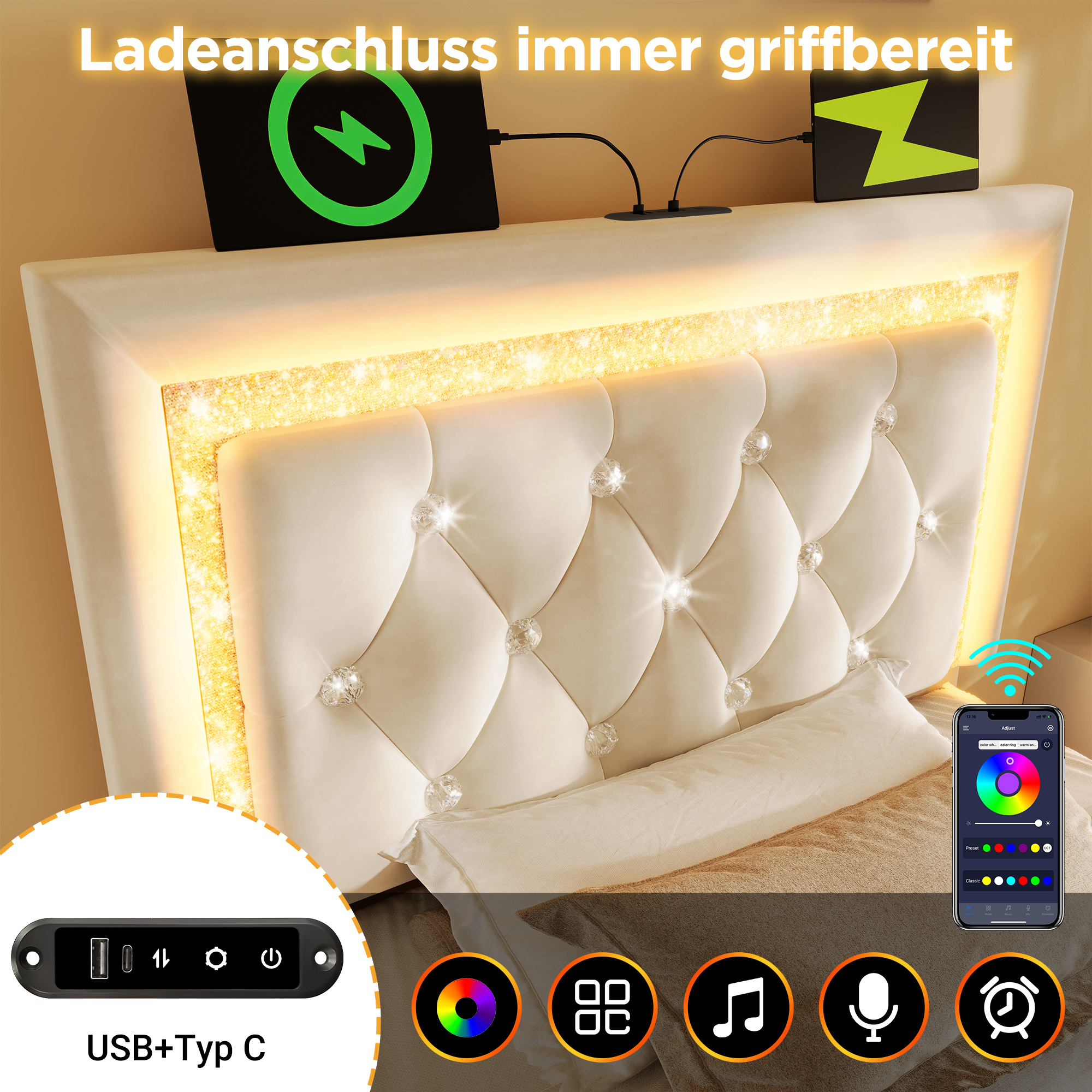 Polsterbett 90x200 cm Samt Einzelbett mit LED-Diam