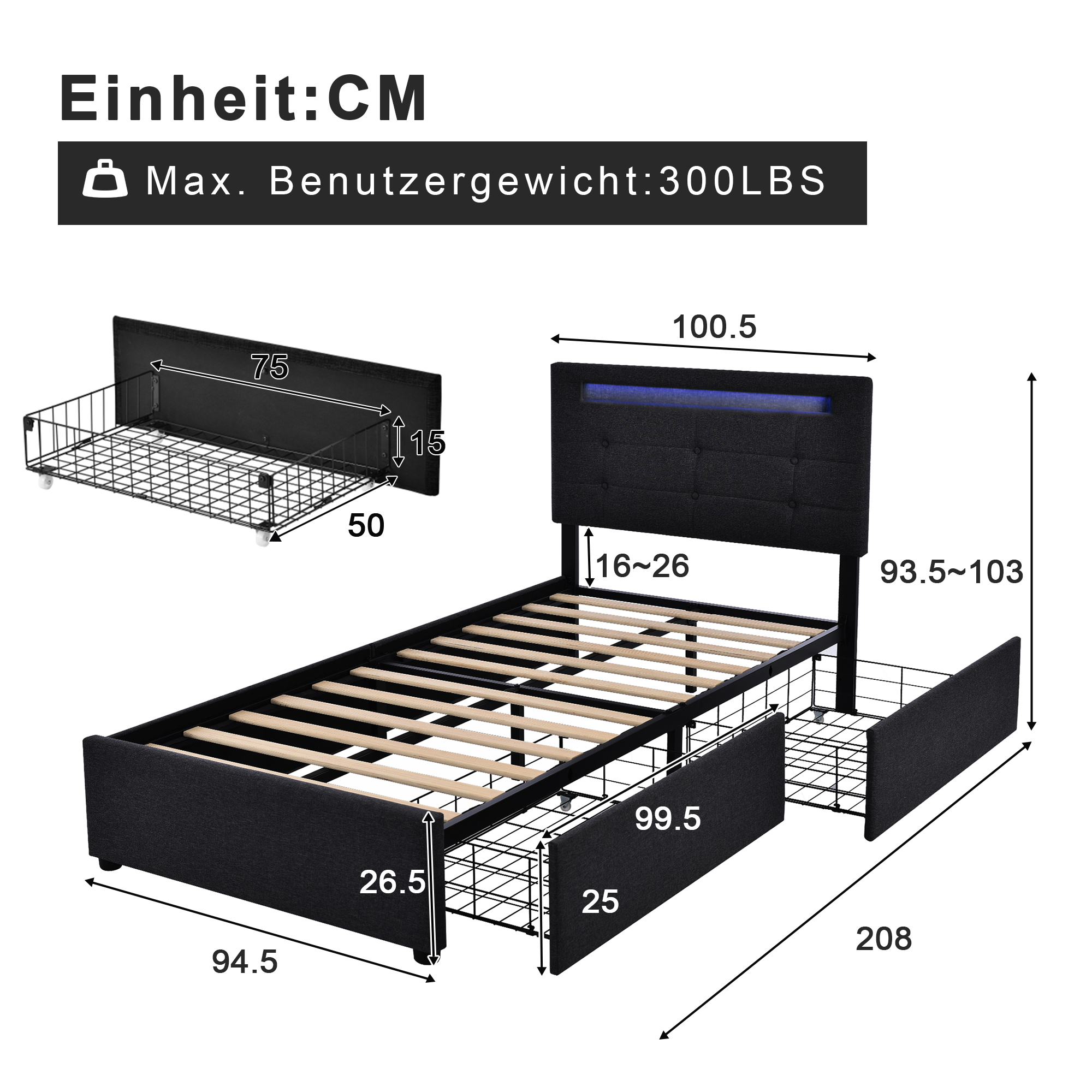 Bettgestell mit LED-Beleuchtung und 2 Schubladen, 