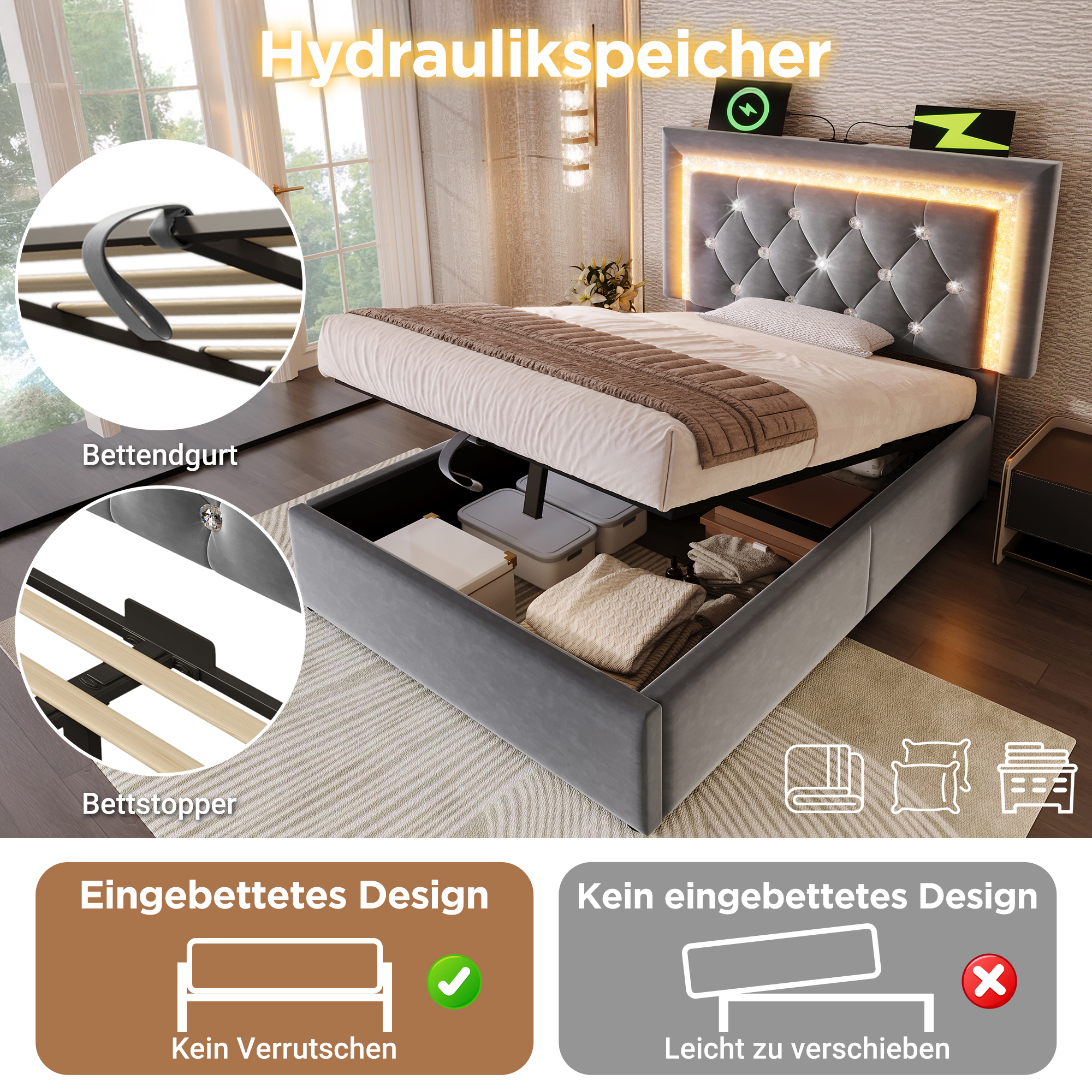 Polsterbett 90x200 cm Samt Einzelbett mit LED-Diam