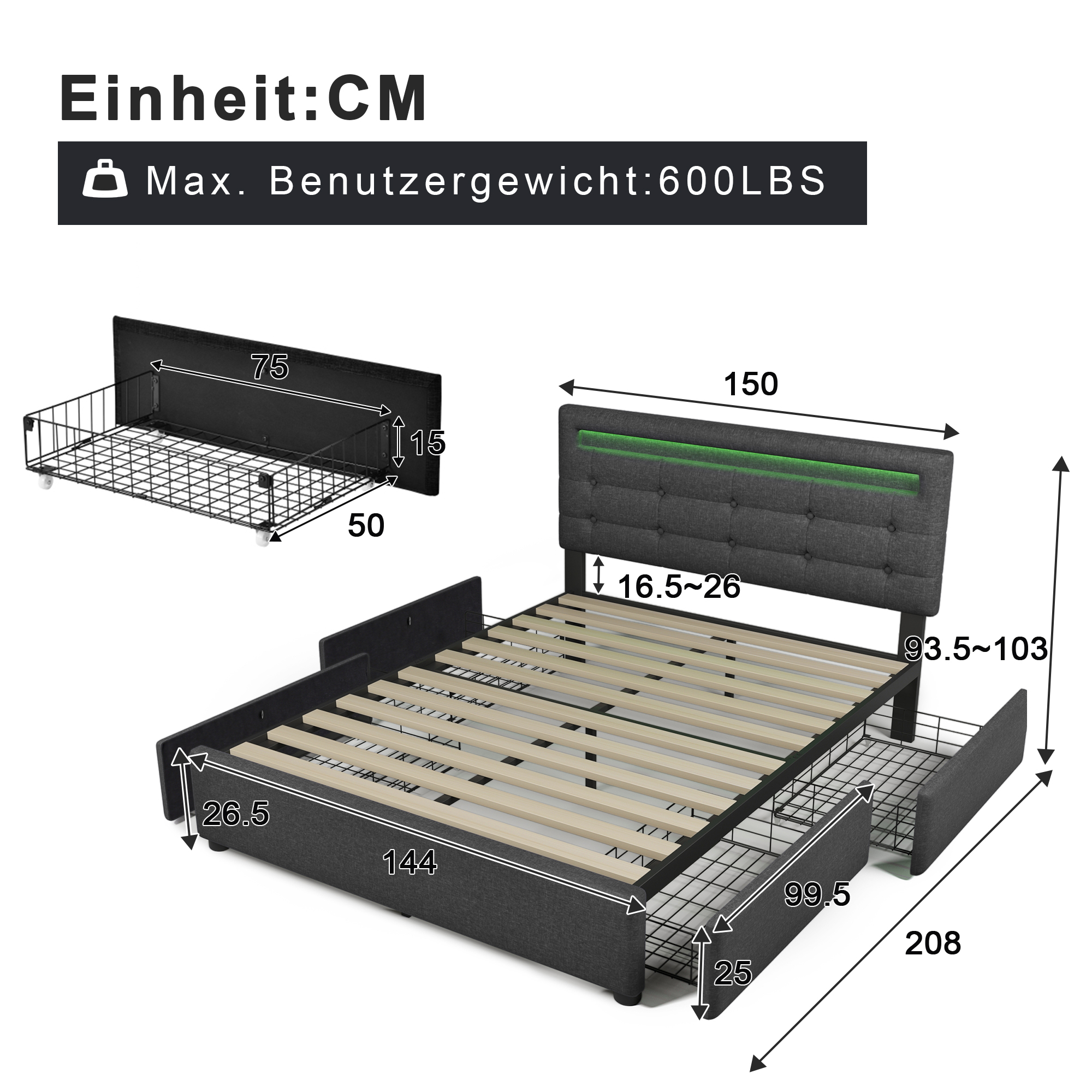Bettgestell mit LED-Beleuchtung und 4 Schubladen, 