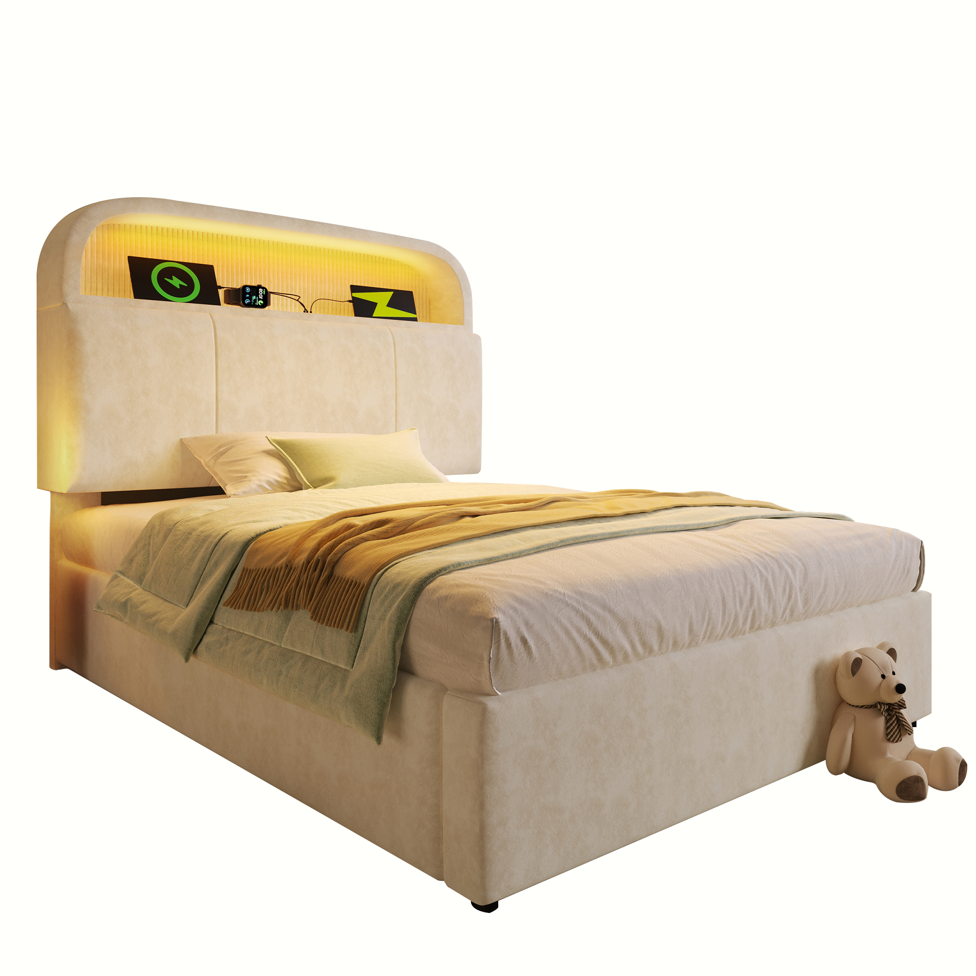 tête de lit rembourrée velours beige avec rangement intégré